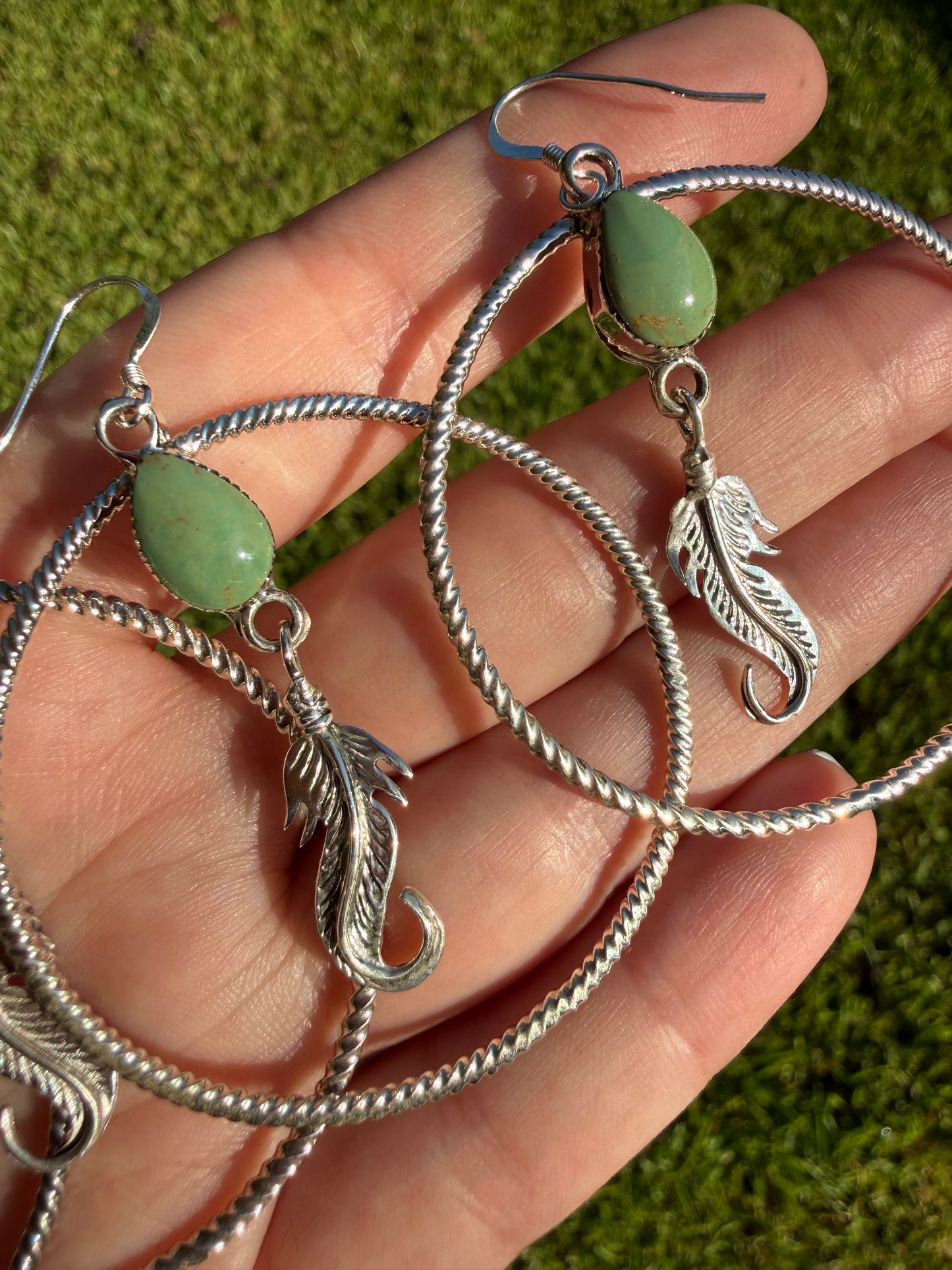 Navajo Turquoise Feather Dangle Hoop Sterling Silver Earrings