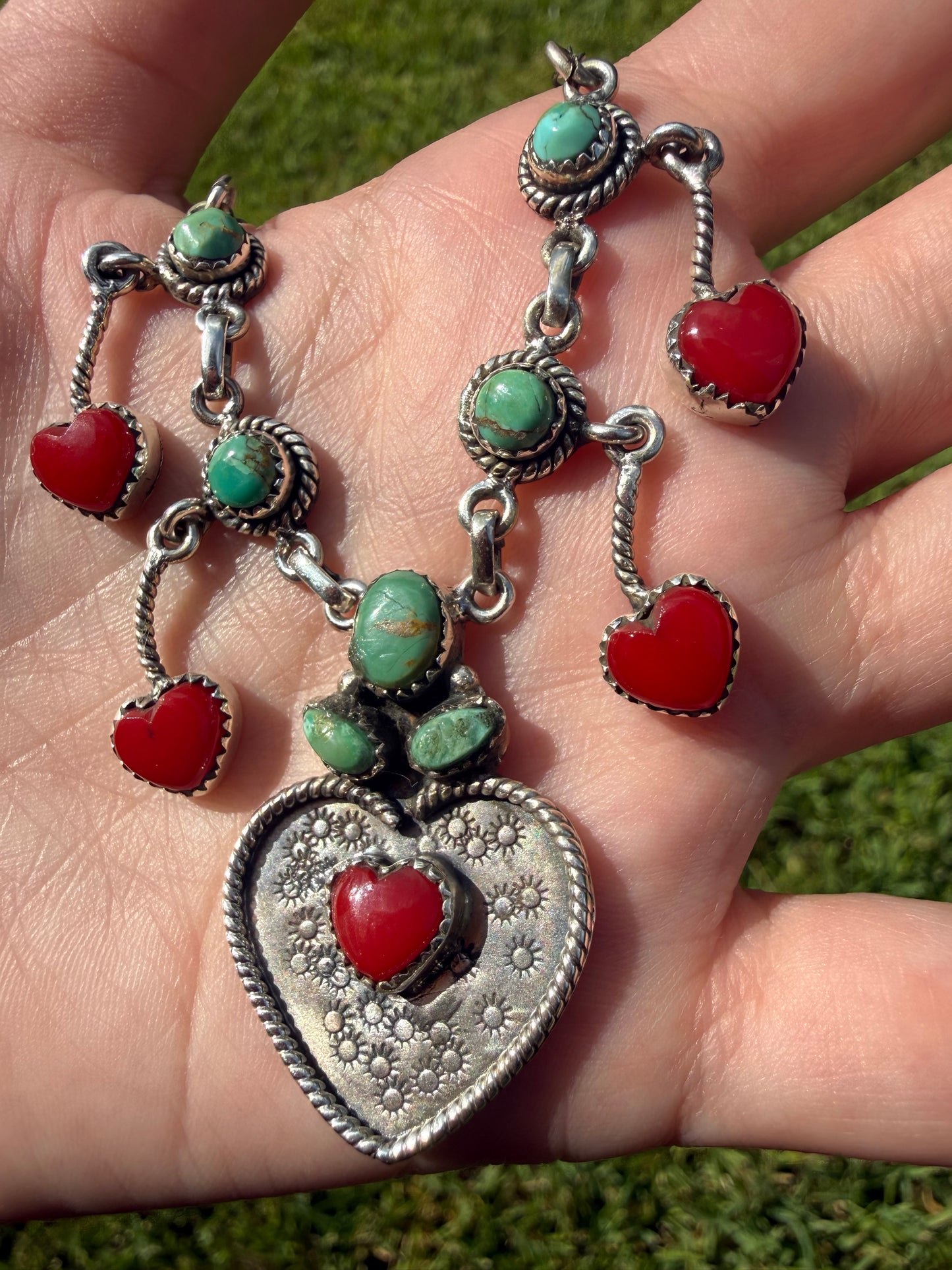 Kingman Turquoise and Red Rosarita Cherry Statement Sterling Silver Necklace