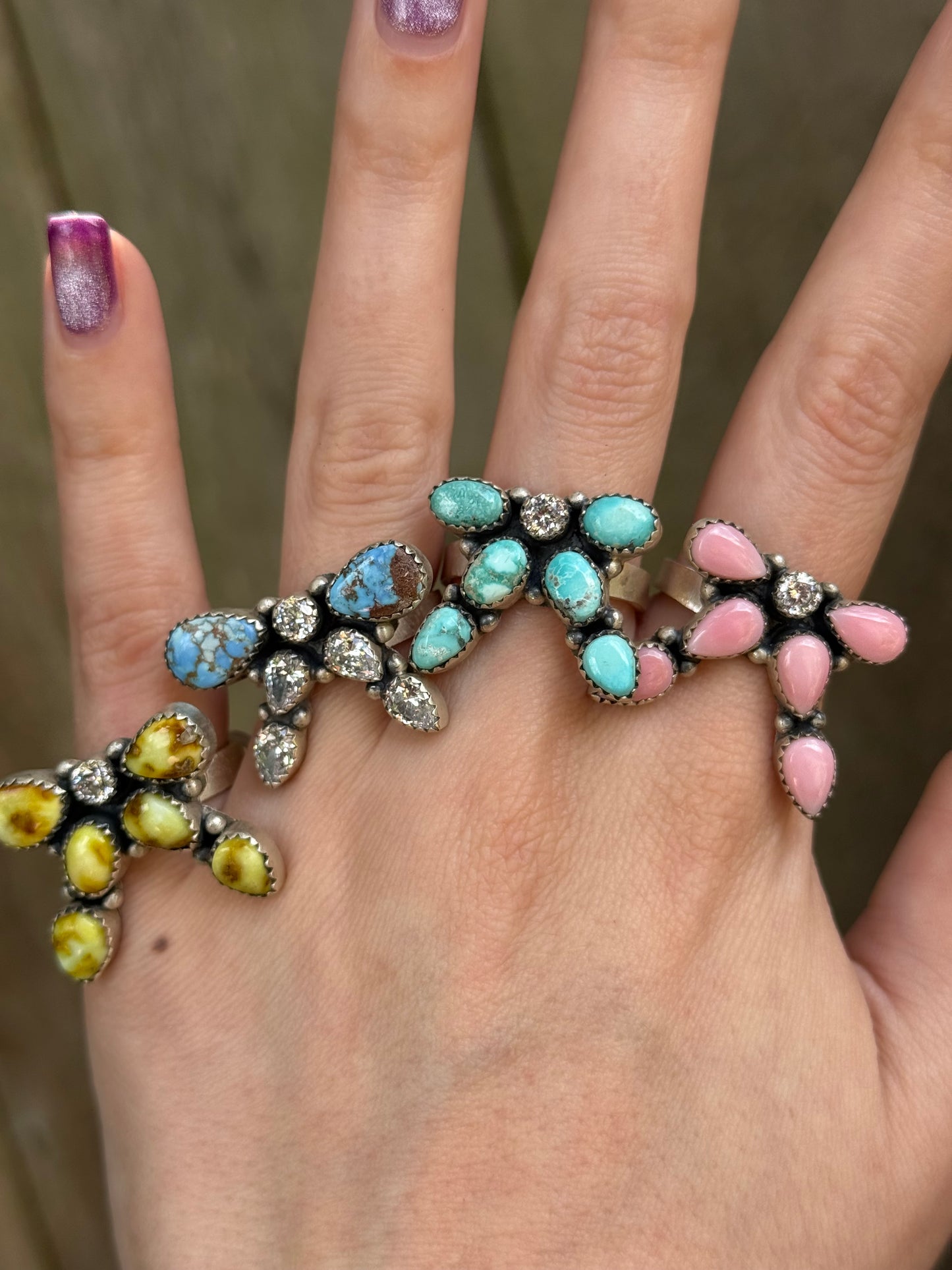 Multi Stone with CZ Crystal Bow Sterling Silver Adjustable Rings