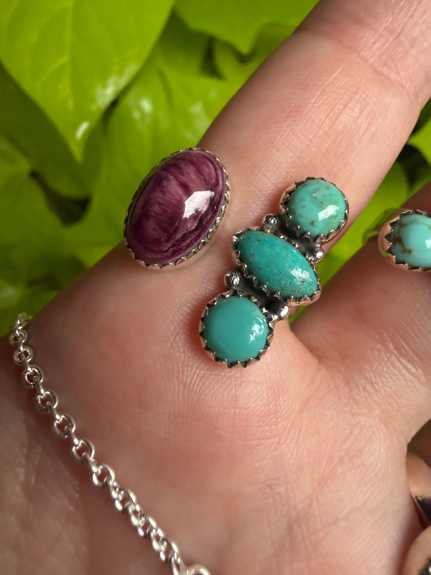 Kingman Turquoise and Purple Spiny Cluster Sterling Silver Ring or Necklace