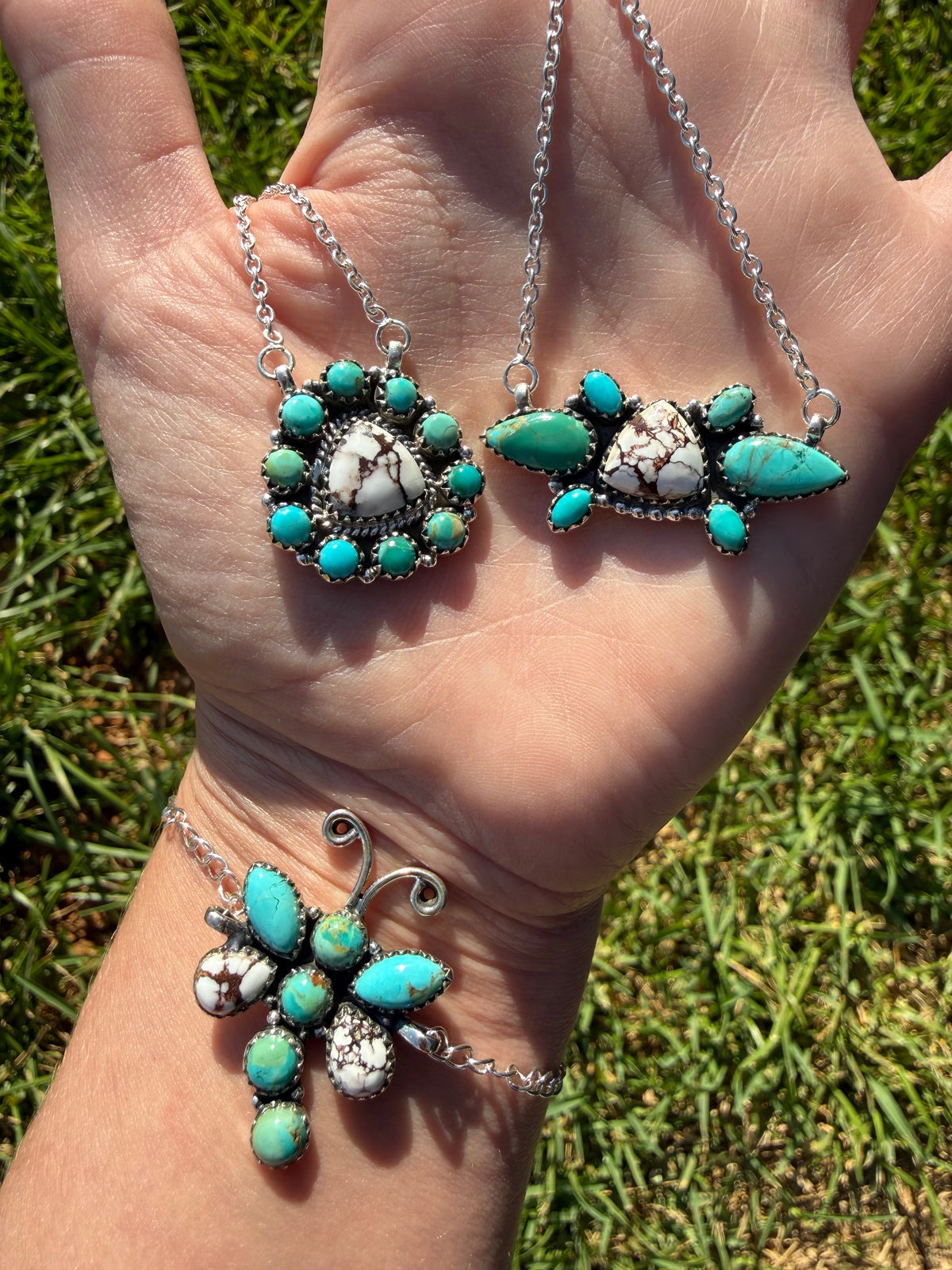 Kingman Turquoise and Wild Horse Cluster Sterling Silver Necklace or Bracelet