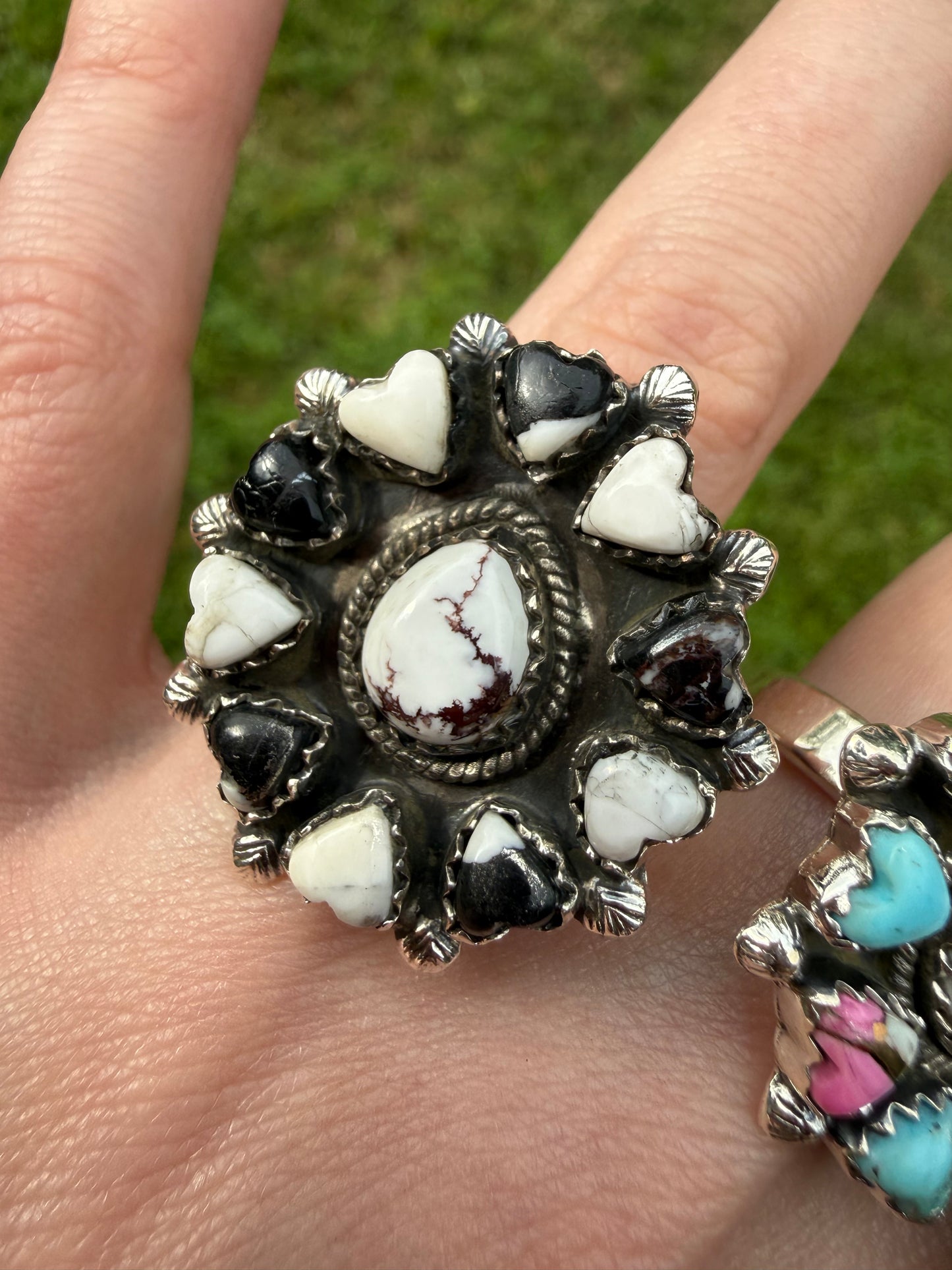 Kingman Turquoise, Cotton Candy and White Buffalo Wild Horse Heart Adjustable Ring