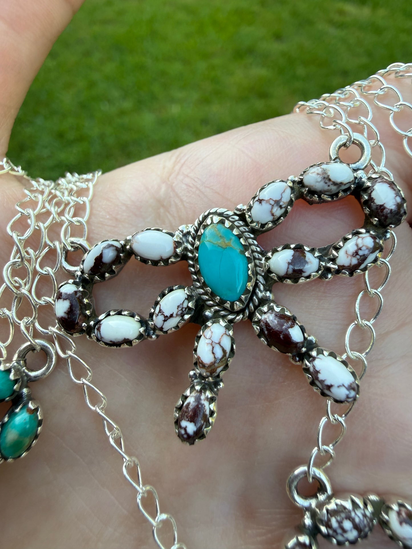 Turquoise and Multi Stone Bow Sterling Silver Necklace