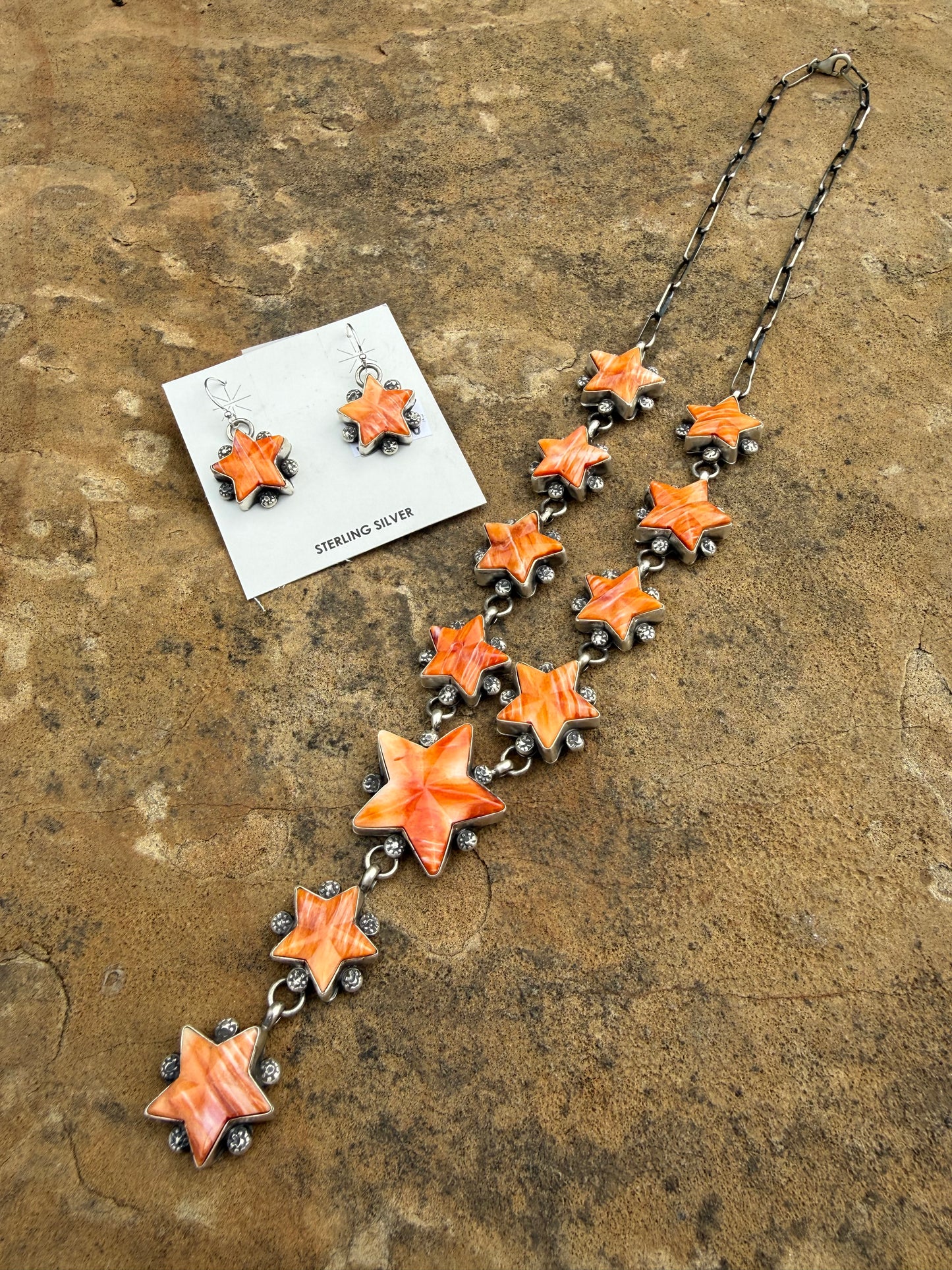 Navajo Orange Spiny Star Statement Sterling Silver Lariat Necklace