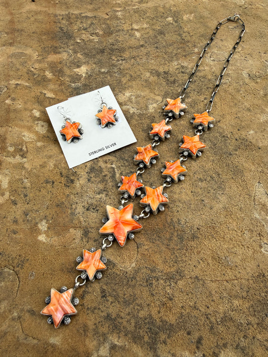 Navajo Orange Spiny Star Statement Sterling Silver Lariat Necklace