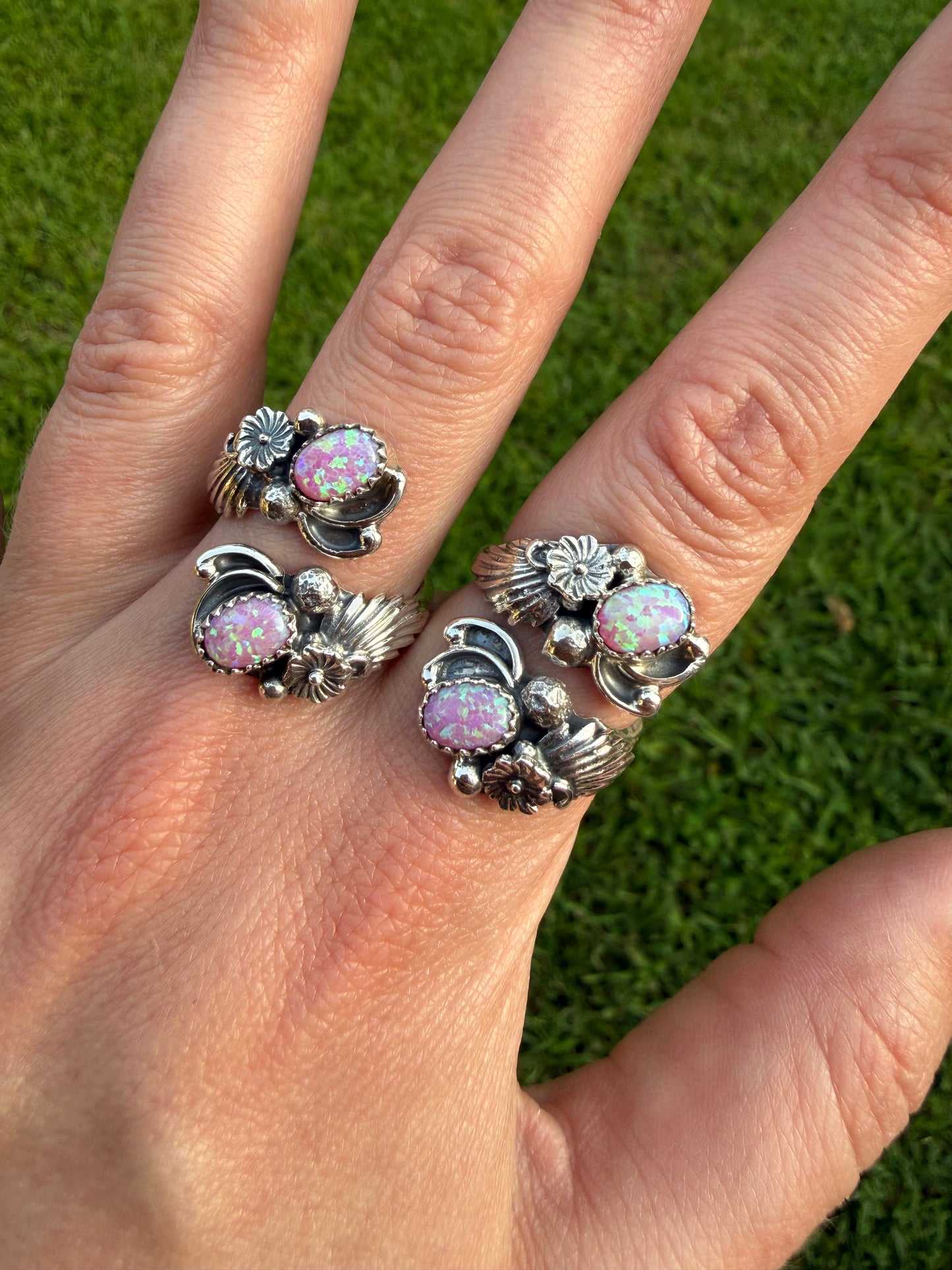 Navajo Pink Balloon Opal Double Stone Flower Accent Sterling Silver Floater Ring