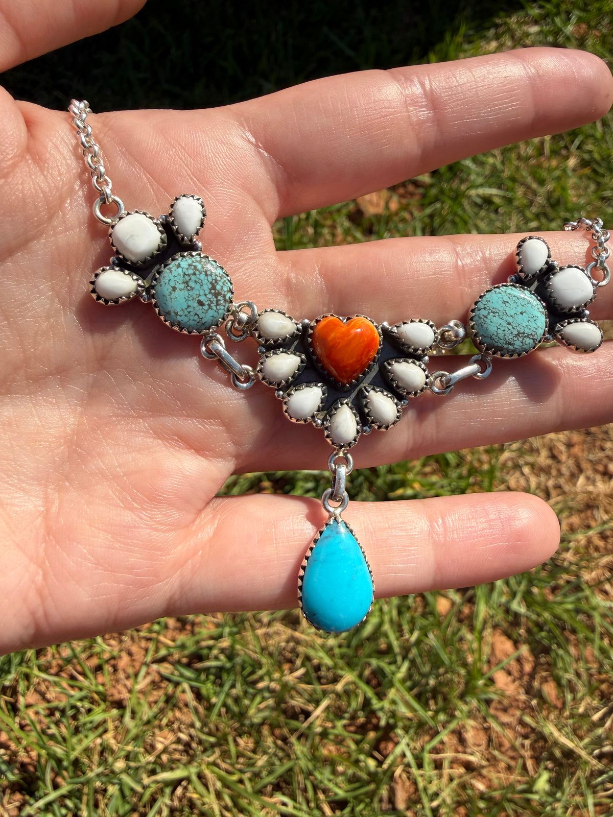Orange Spiny, White Buffalo and Turquoise Multi Stone Heart Half Cluster Choker Necklace