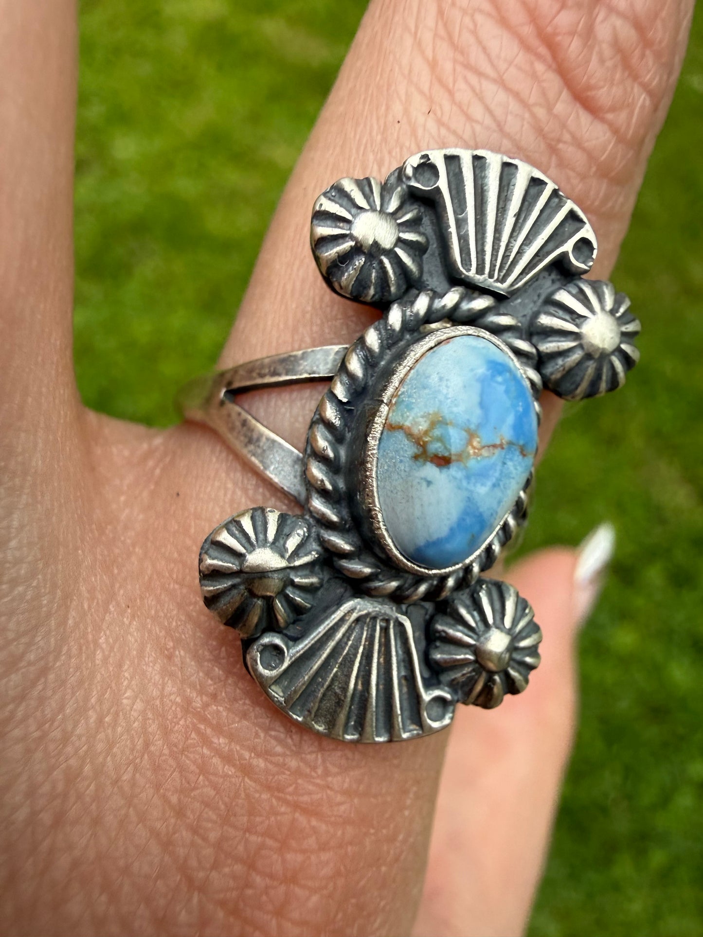 Navajo Golden Hills Turquoise Bow Tie Sterling Silver Ring Size 9
