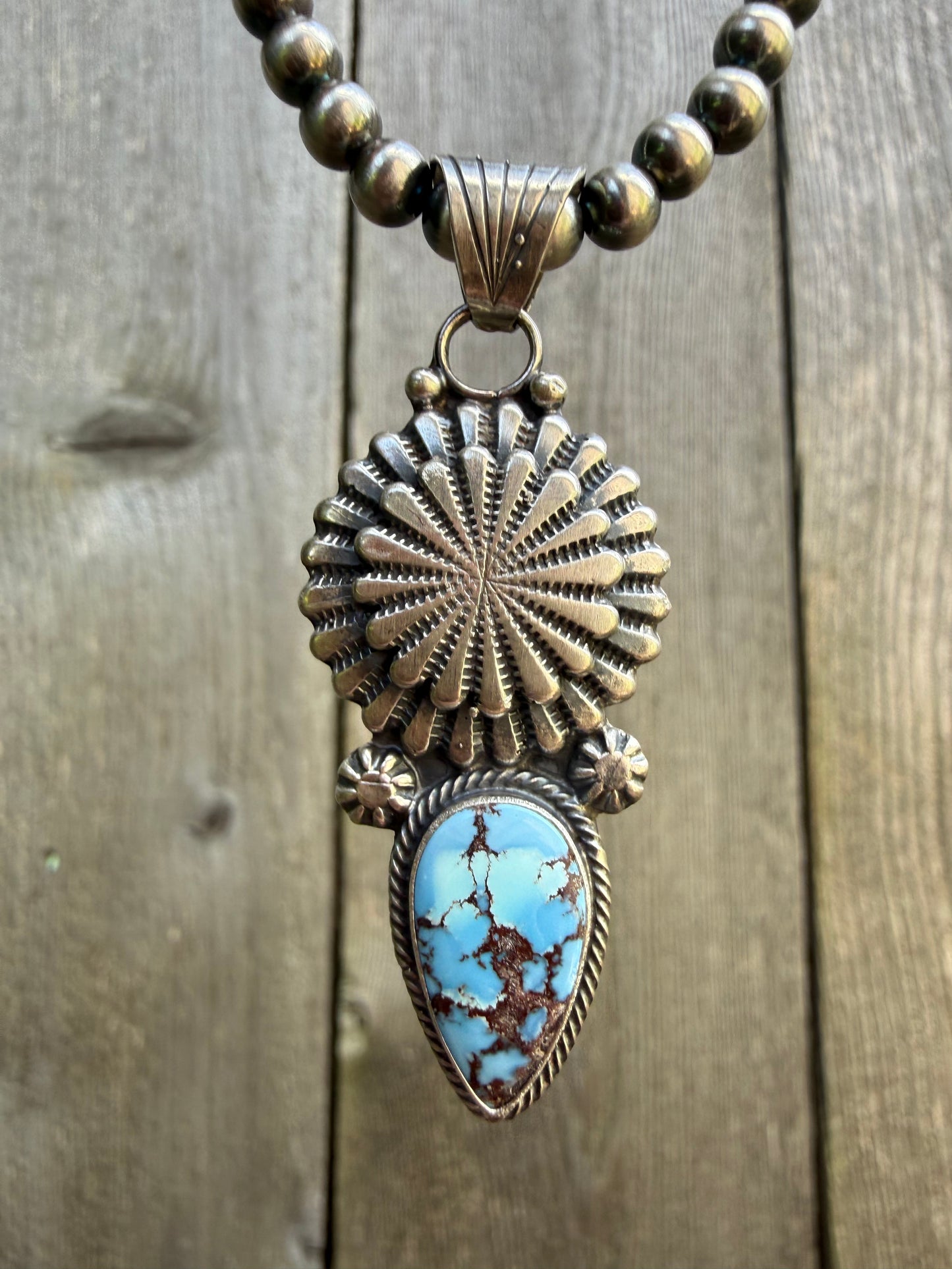 Navajo Golden Hills Turquoise Big Peyote Button Sterling Silver Desert Pearl Necklace by Sharon McCarthy