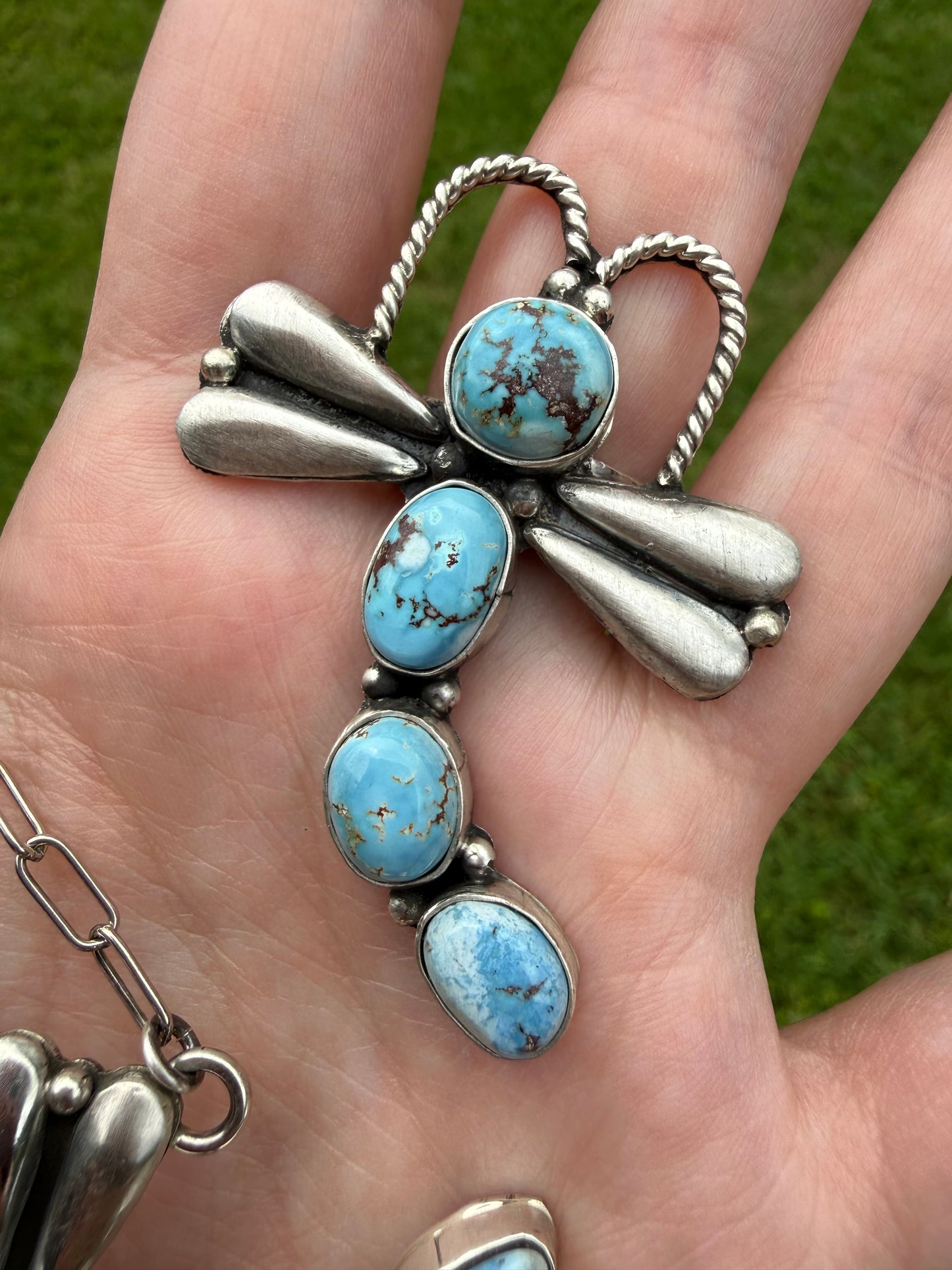 Navajo Golden Hills Turquoise Dragonfly Sterling Silver Necklace or Adjustable Ring