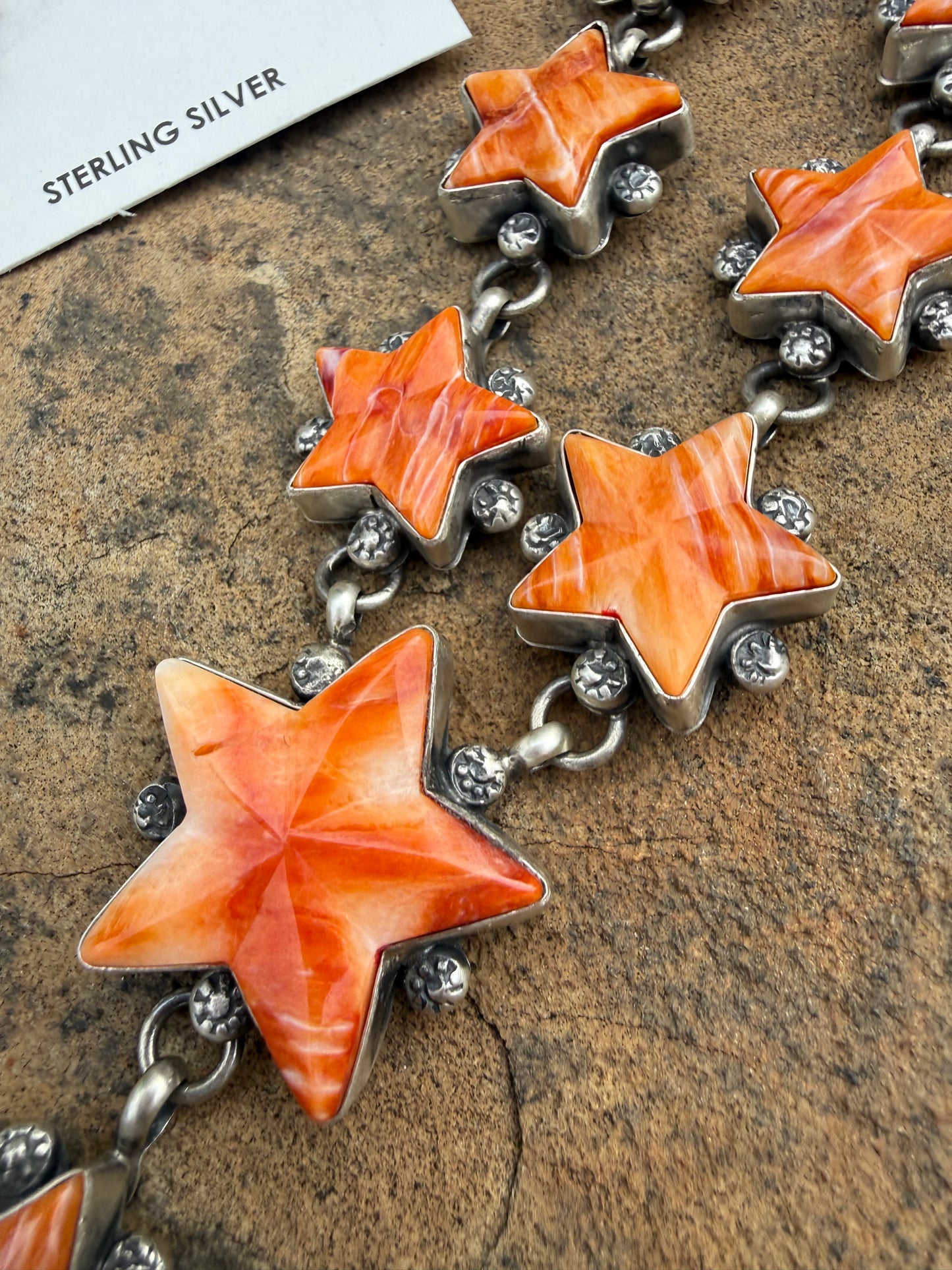 Navajo Orange Spiny Star Statement Sterling Silver Lariat Necklace