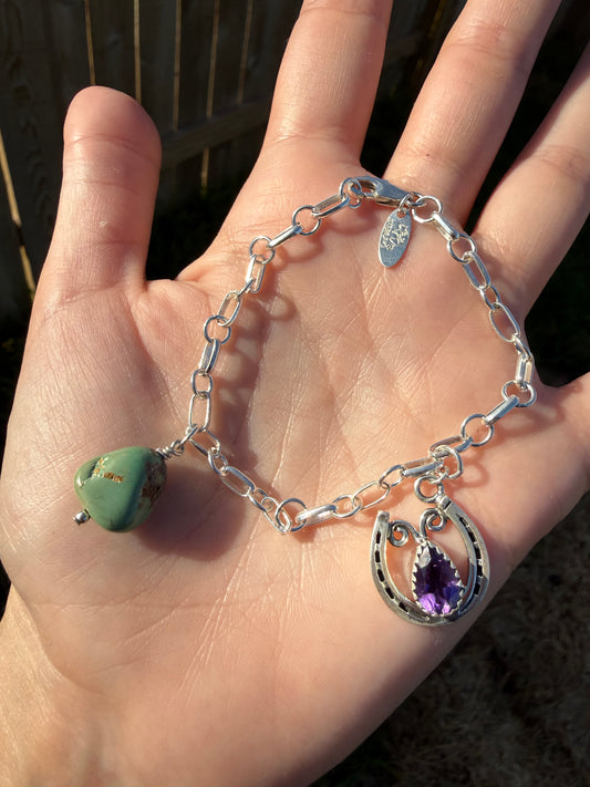 Navajo Amethyst and Turquoise Horseshoe Charm Sterling Silver Bracelet