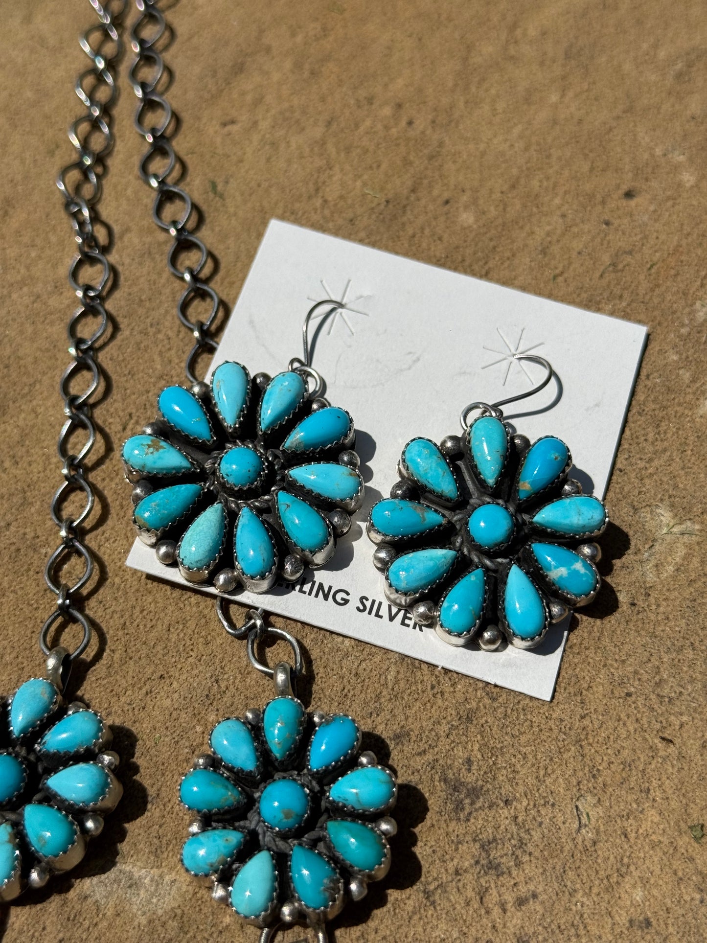 Navajo Turquoise Huge Full Flower Statement Sterling Silver Necklace and Earrings by Pansy Johnson