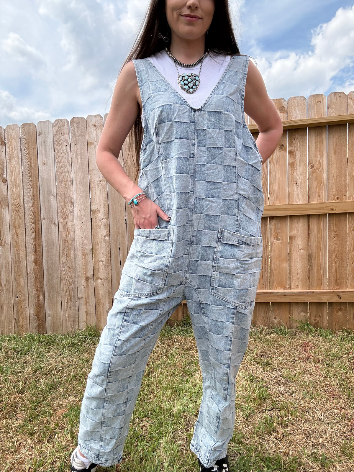 Thee Blue Brick Jumpsuit Denim Checkered Block Overall Jumpsuit