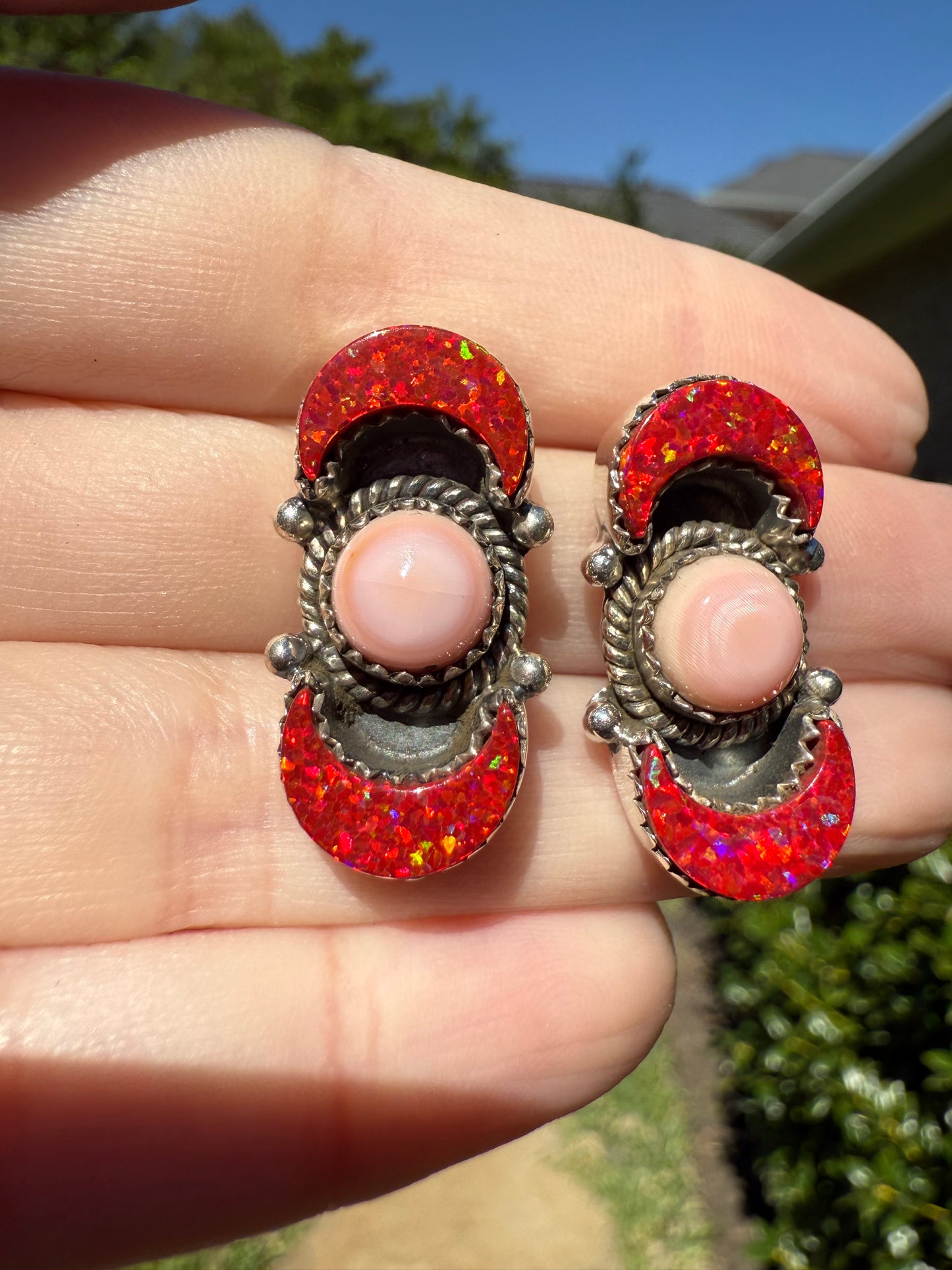 Pink Conch And Red Balloon Opal Moon Sterling Silver Stud Earring