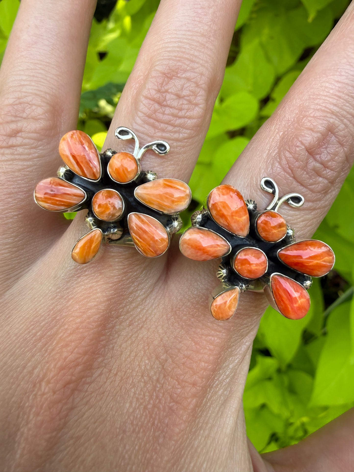 Navajo Orange Spiny Dragonfly Sterling Silver Ring