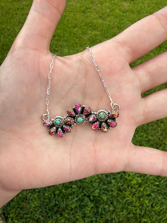 Pink Spiny Dahlia and Turquoise Half Flower Cluster Bar Sterling Silver Necklace