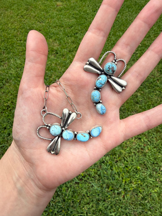 Navajo Golden Hills Turquoise Dragonfly Sterling Silver Necklace or Adjustable Ring