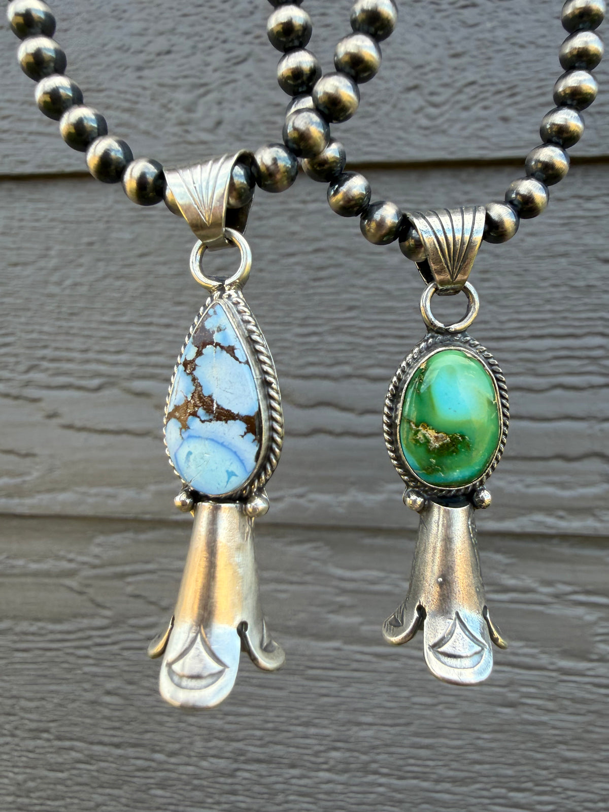 Navajo Premium Turquoise Squash Horn Sterling Silver Pearl Necklace by Sharon McCarthy