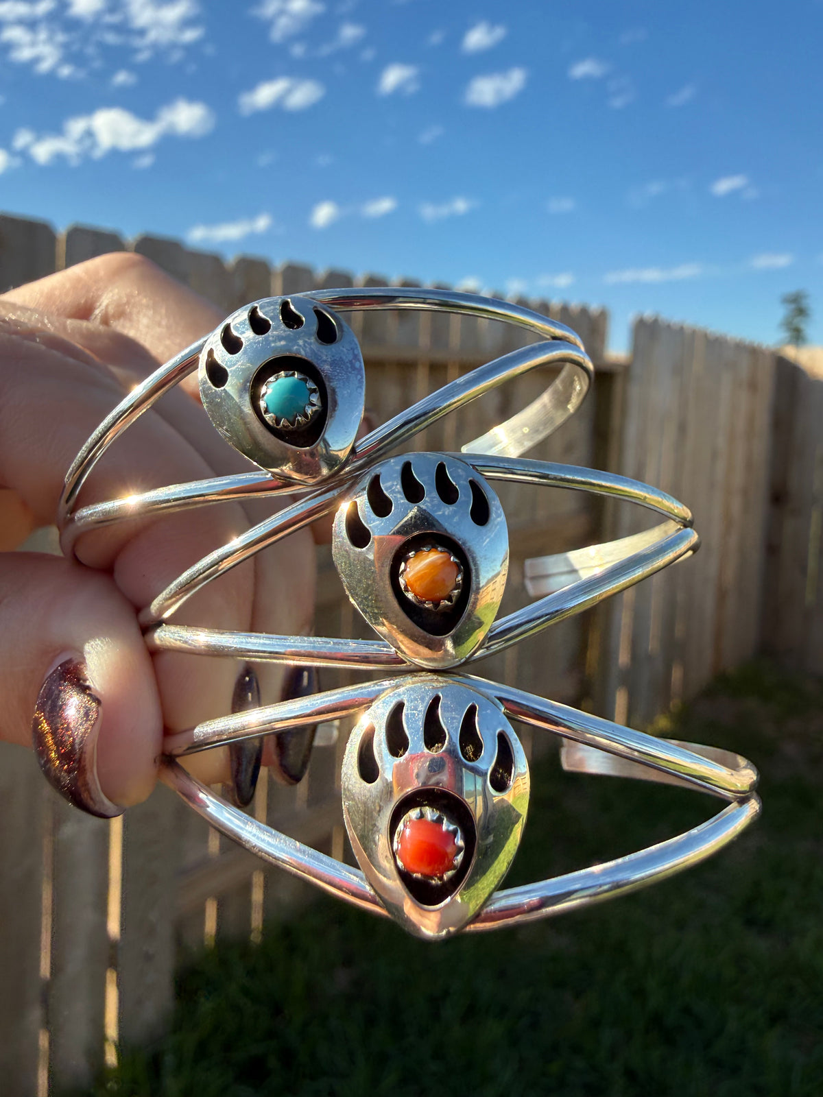 Navajo Turquoise, Orange Spiny or Coral Bear Paw Sterling Silver Handmade Cuff Bracelet