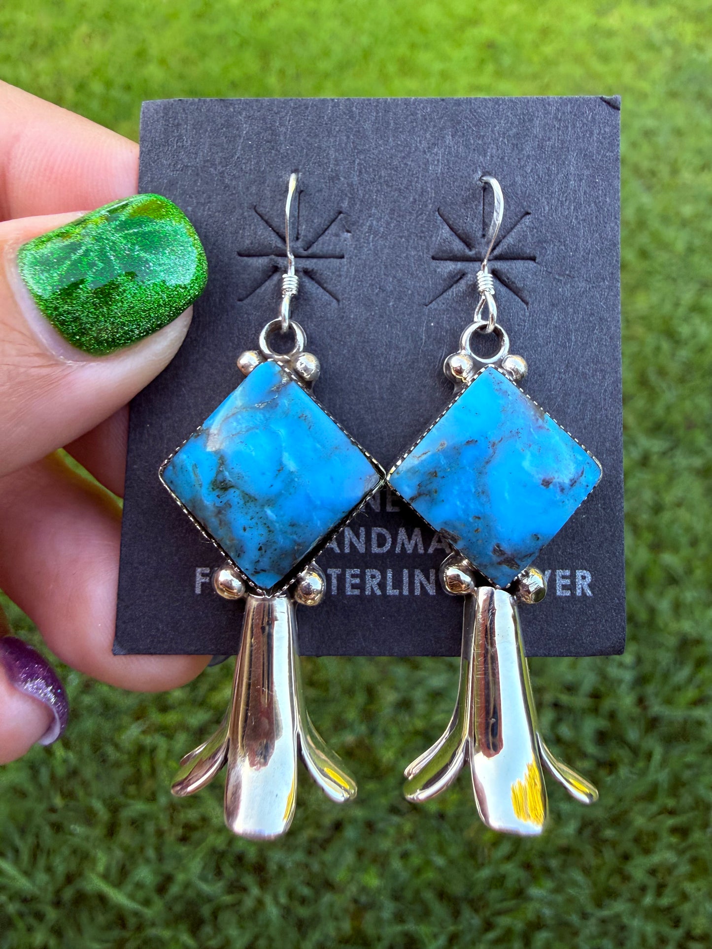 Navajo Turquoise Diamond Squash Horn Sterling Silver Earrings