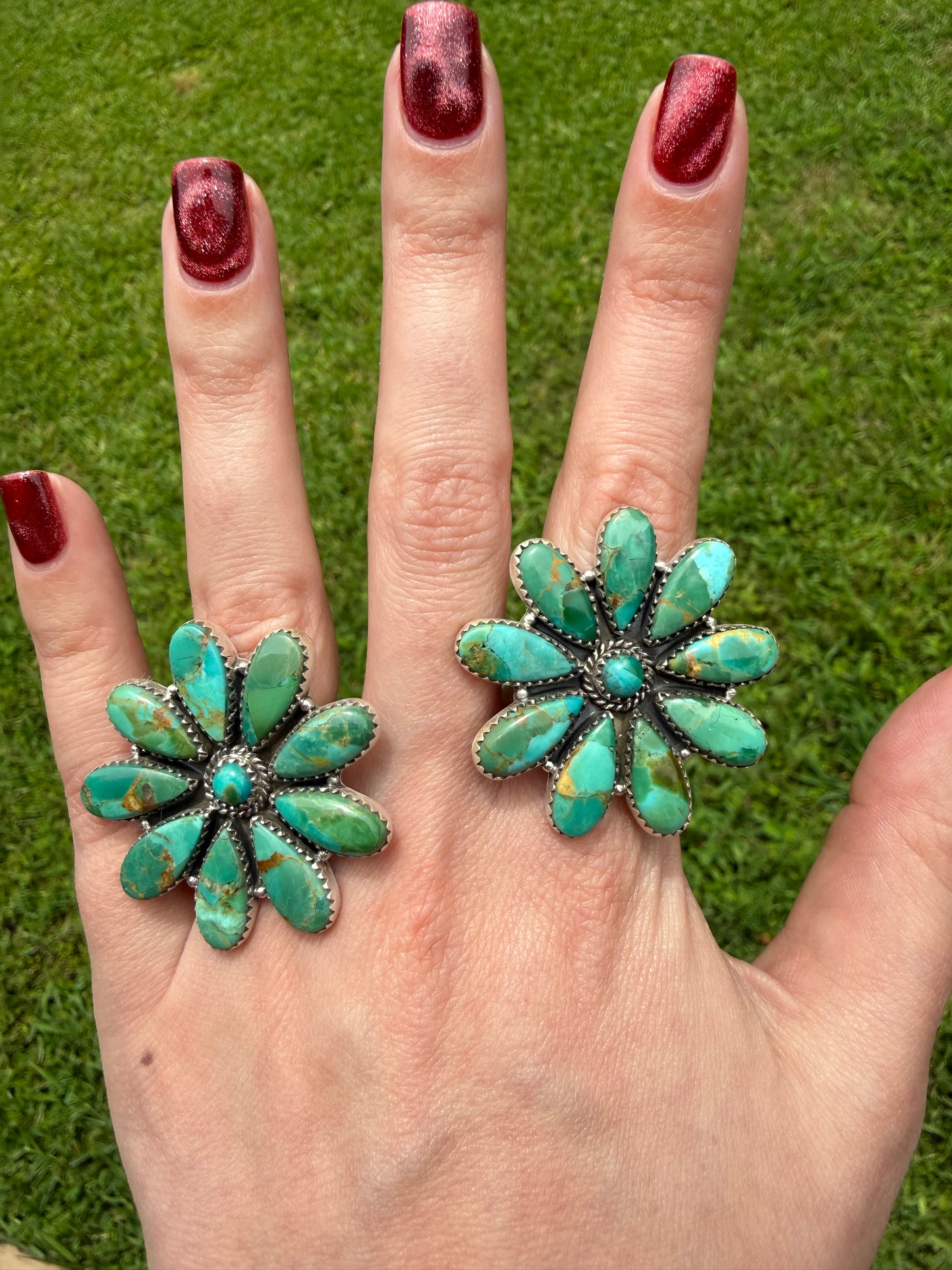 Kingman Turquoise Big Full Flower Sterling Silver Adjustable Ring