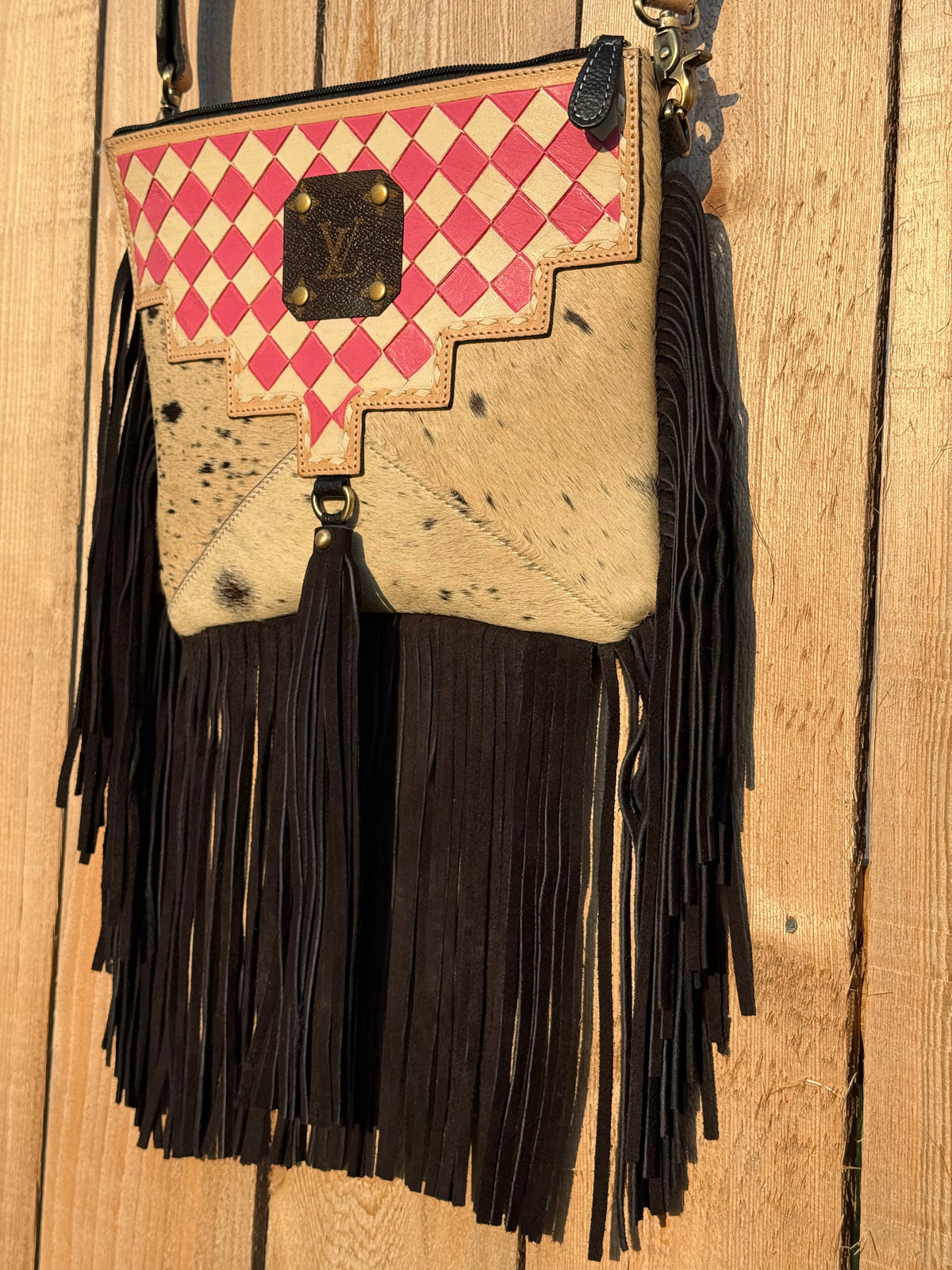 Upcycled LV Cowhide Leather Pink White Checkered Crossbody 