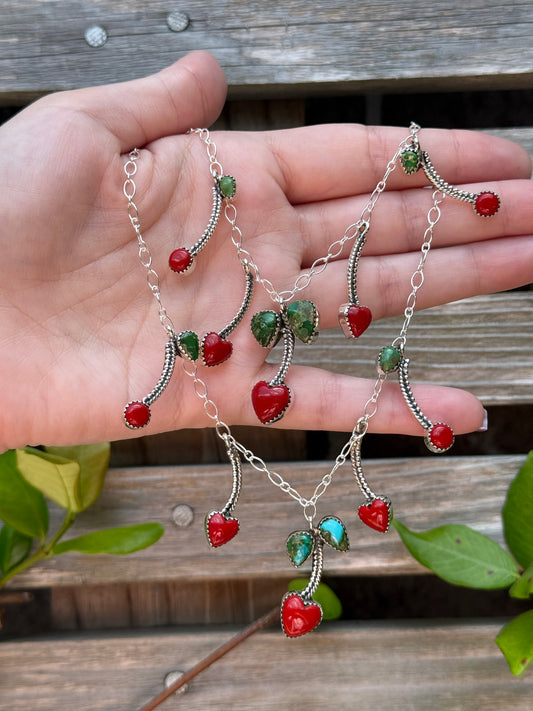 Cherry Red Rosarita and Sonoran Gold Turquoise Sterling Silver Charm Necklace