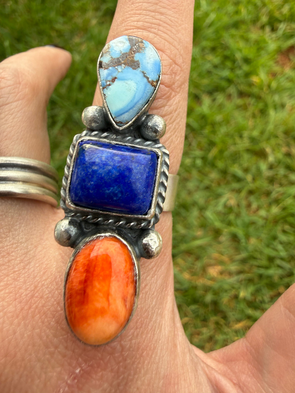 Navajo Multi Stone Turquoise Crawler Sterling Silver Adjustable Ring
