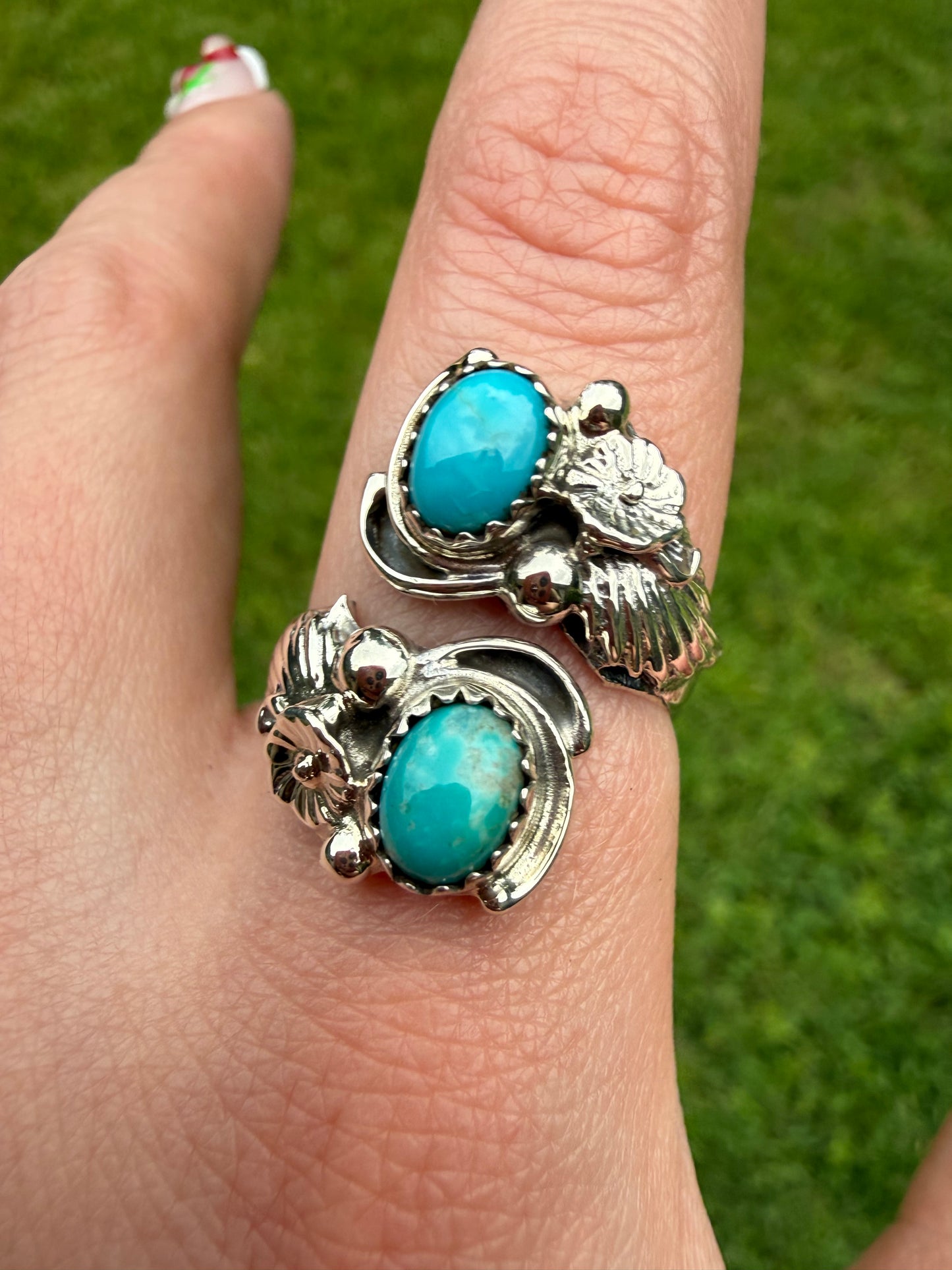 Navajo Double Stone with Flower Accent Floater Bypass Sterling Silver Ring