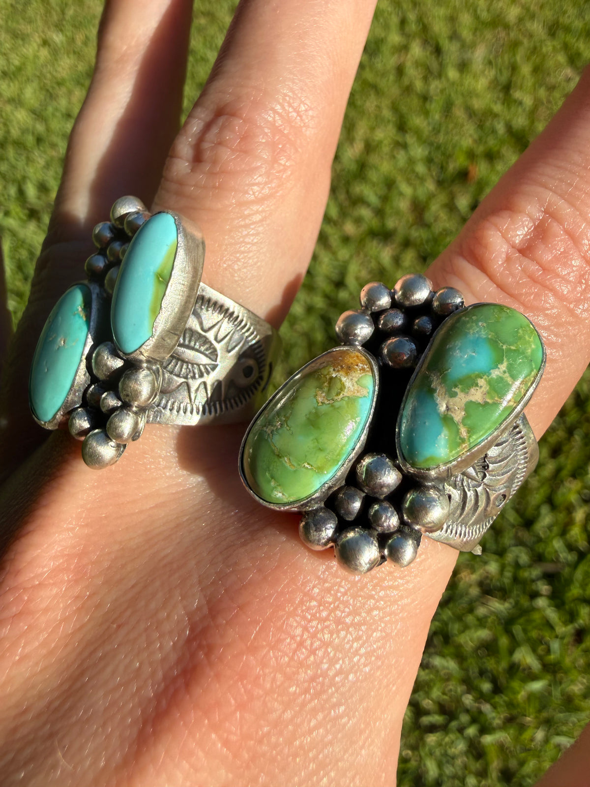Navajo Sonoran Gold Turquoise Double Stone Ball Work Cluster Ring
