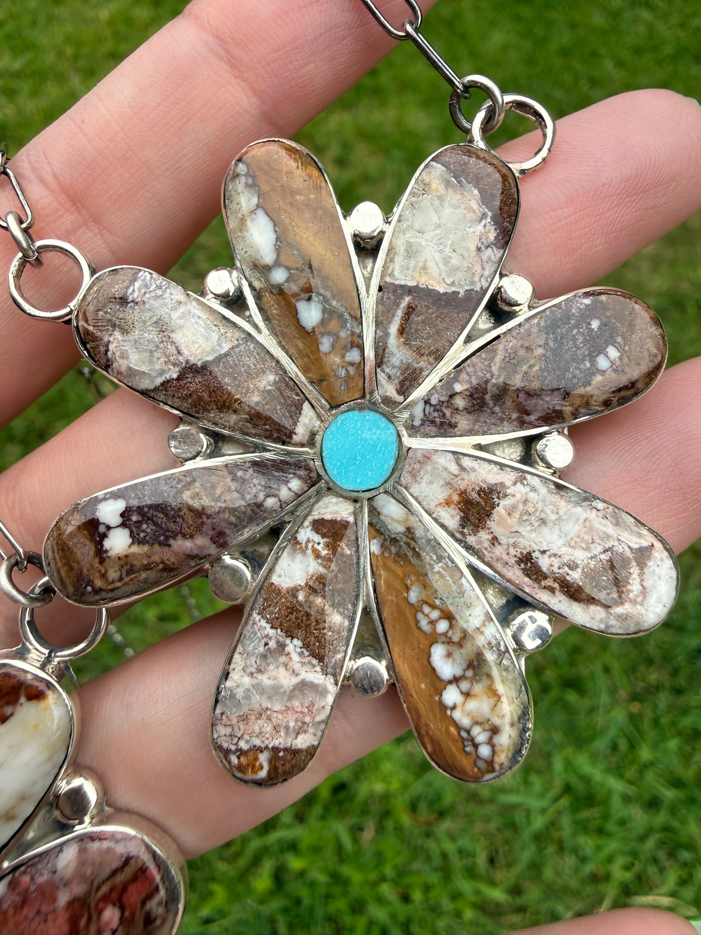Native Zuni Wild Horse and Turquoise Inlay Full Flower Sterling Silver Necklace