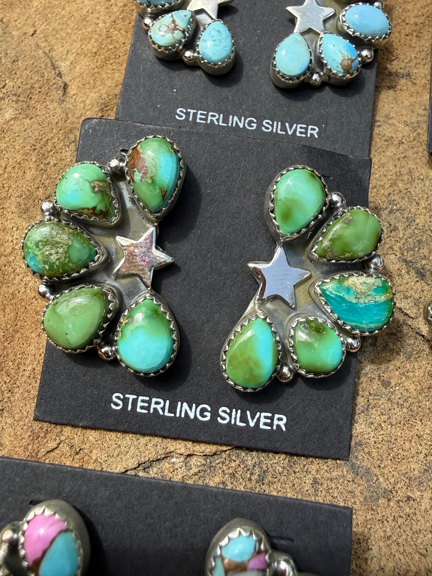 Turquoise Star and Multi Stone Half Cluster Sterling Silver Earrings