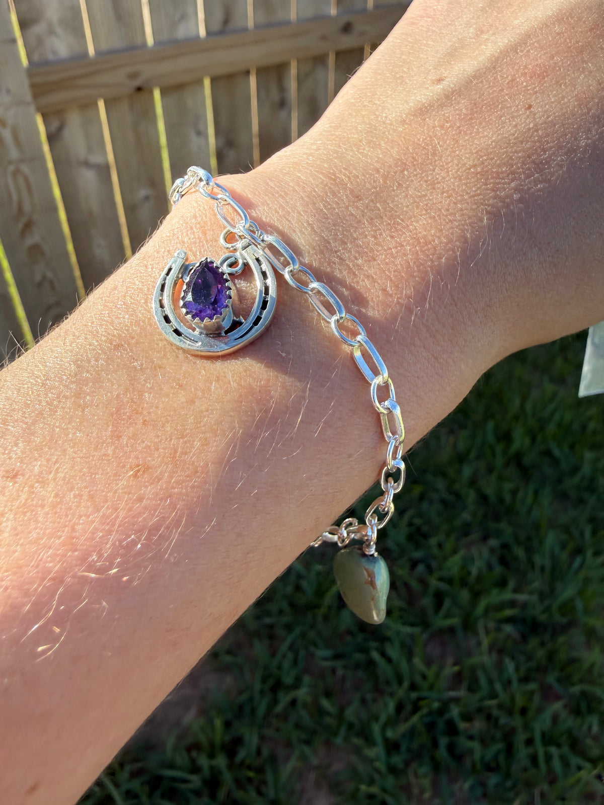 Navajo Amethyst and Turquoise Horseshoe Charm Sterling Silver Bracelet