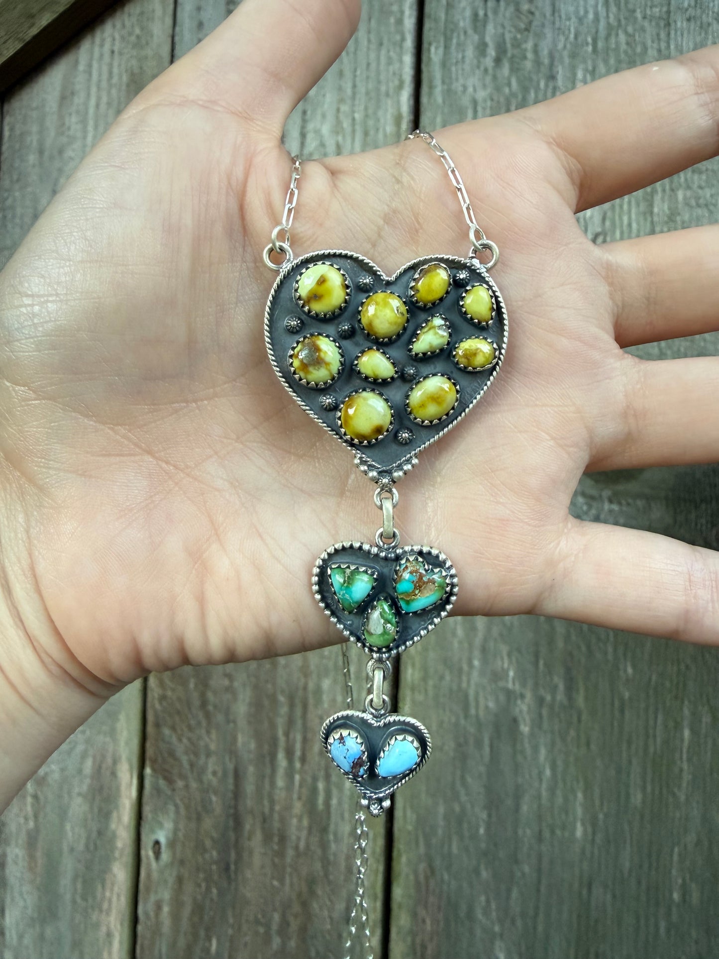 Palomino, Sonoran Gold, and Golden Hills Turquoise Triple Heart Statement Lariat Necklace
