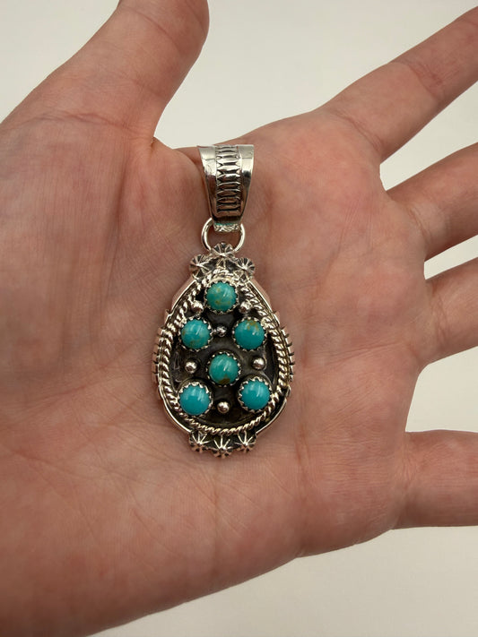 Native Turquoise Tear Drop Cluster Sterling Silver Pendant by Kenny Lonjose