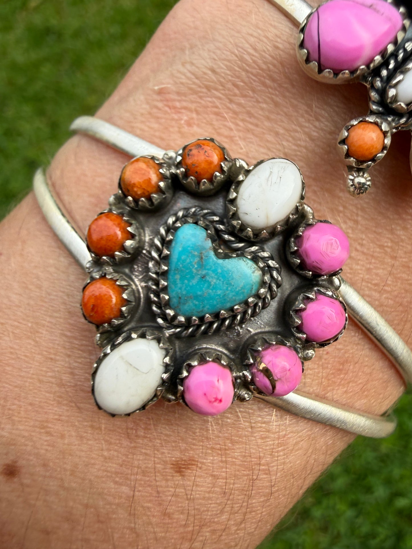 Cotton Candy, Kingman Turquoise, and Orange Mojave Sterling Silver Cuff Bracelet