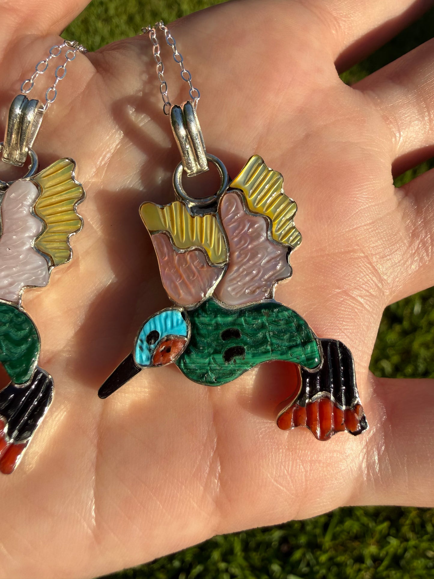 Zuni Multi Stone Hummingbird Inlay Sterling Silver Necklace