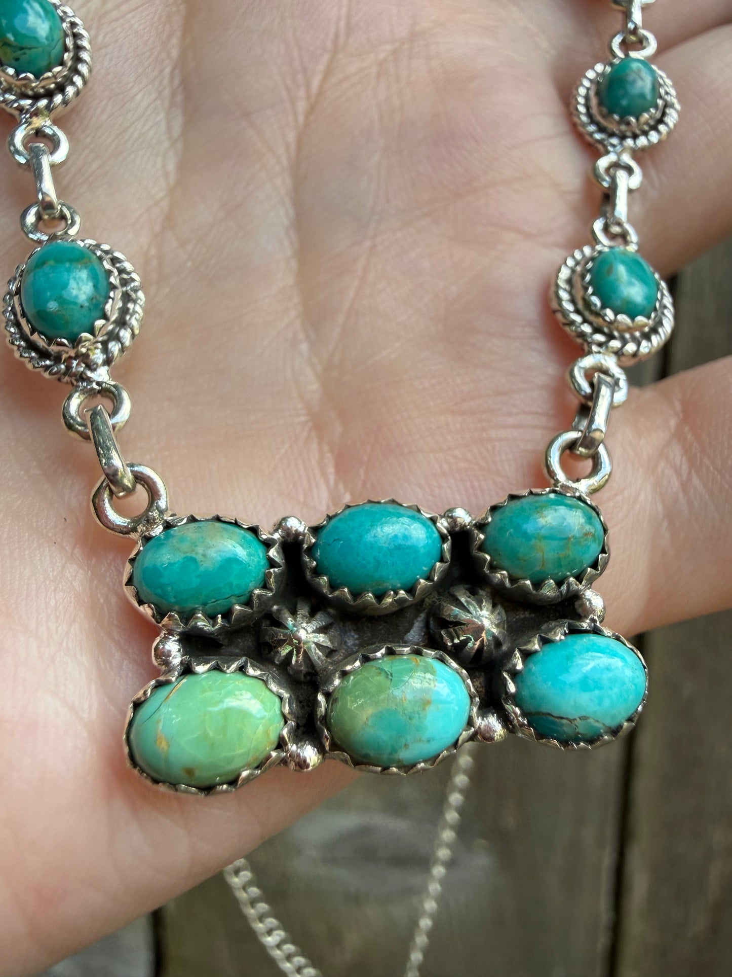 Turquoise Cluster Bar Petal Style  Sterling Silver Necklace
