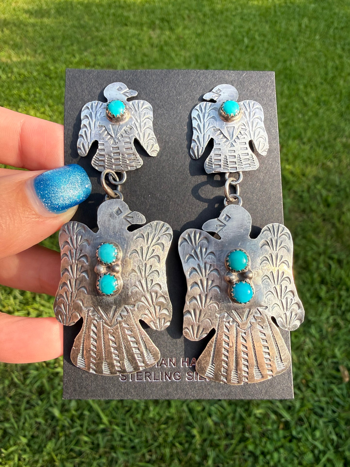 Navajo Turquoise Double Thunderbird Dangle Sterling Silver Earrings