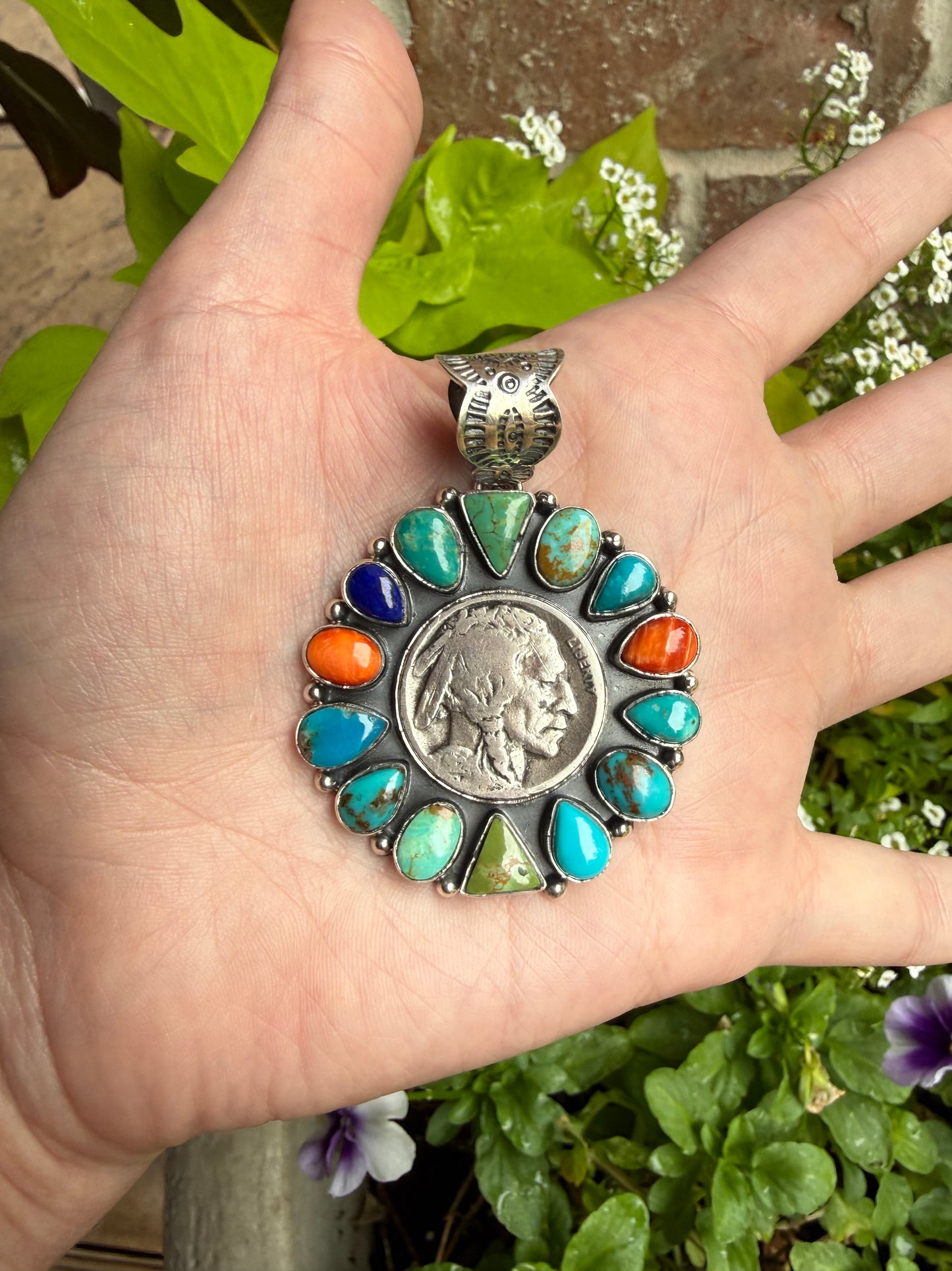 Multi Stone Full Flower Liberty Coin Sterling Silver Pendant