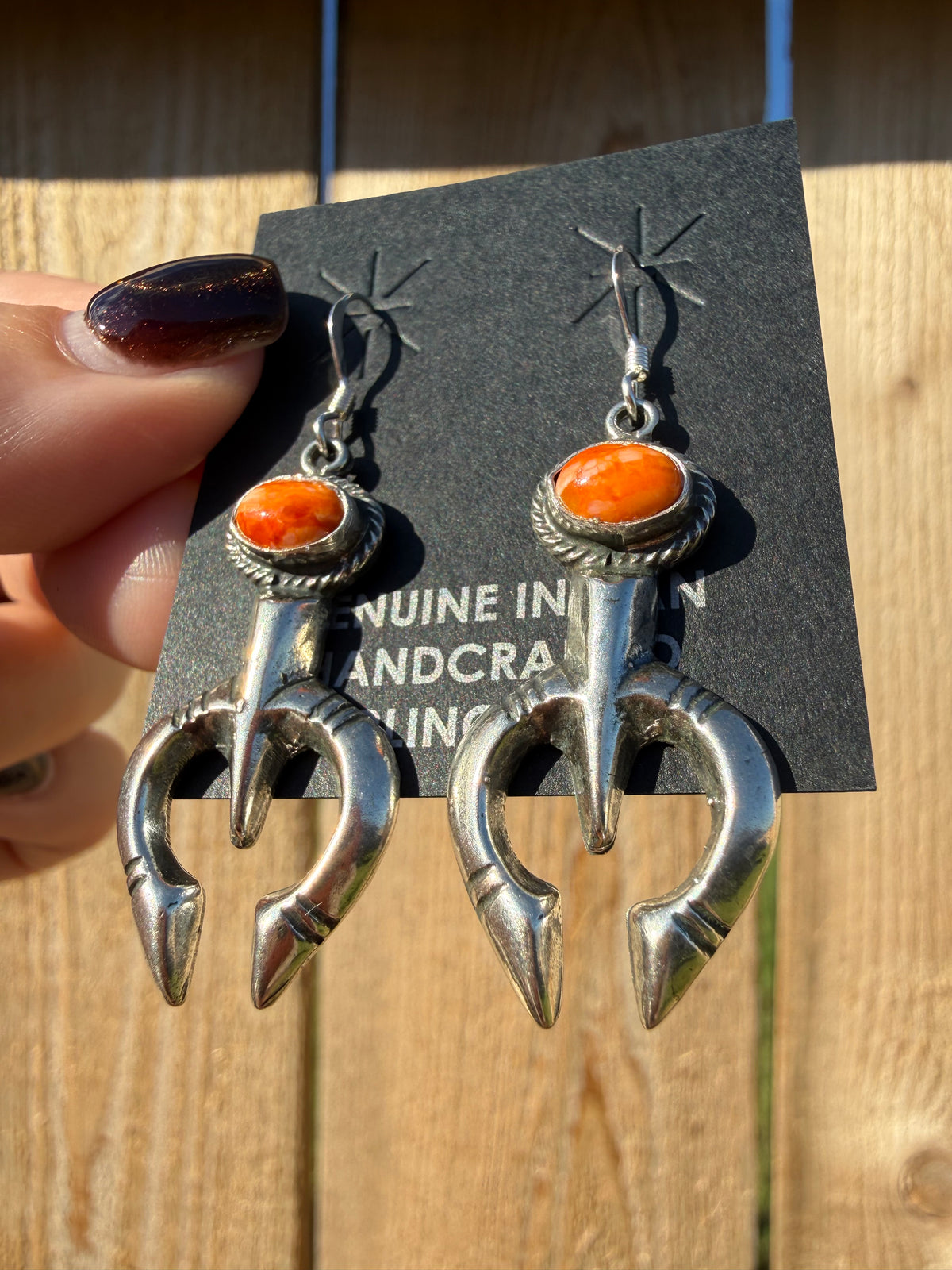 Navajo Orange Spiny Naja Sterling Silver Dangle Earrings