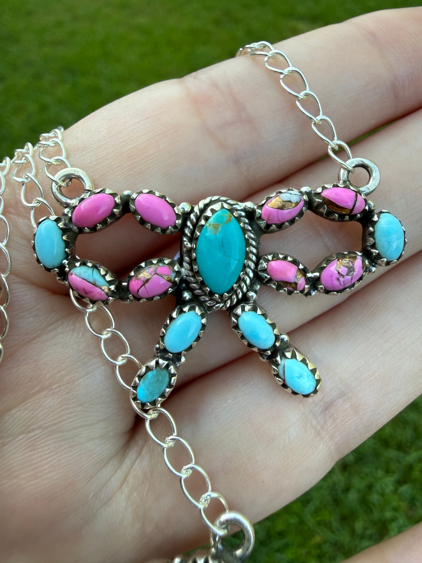 Turquoise and Multi Stone Bow Sterling Silver Necklace