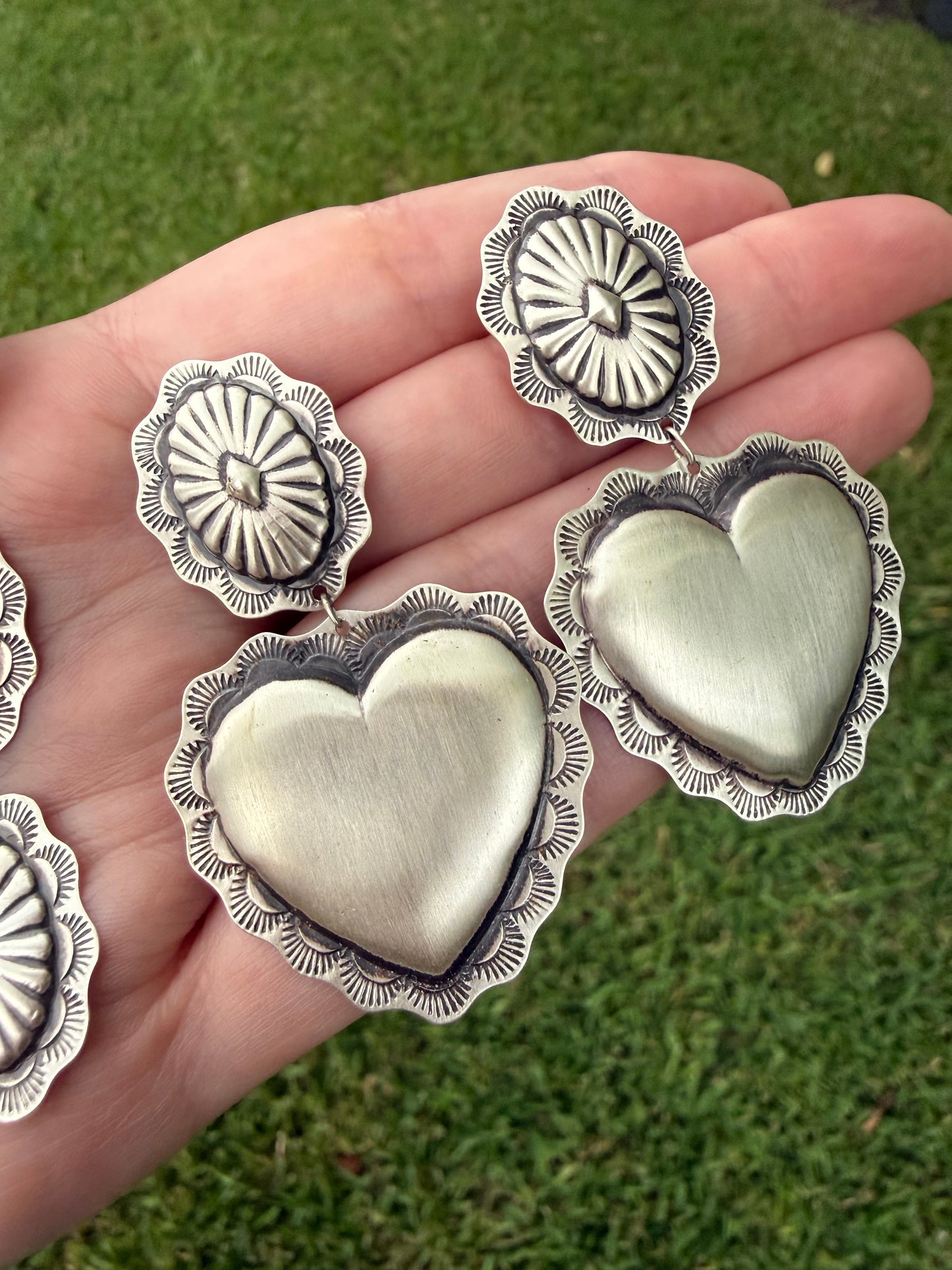Navajo Heart or Triple Concho Sterling Silver Dangle Drop Earrings