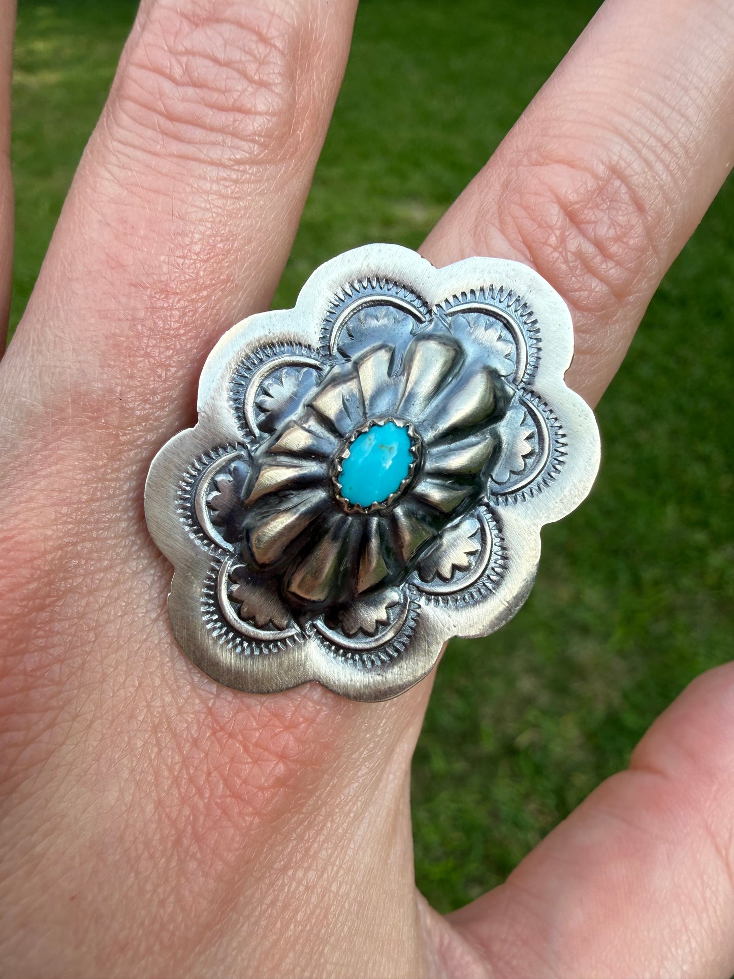 Native Turquoise Concho Adjustable Sterling Silver Rings