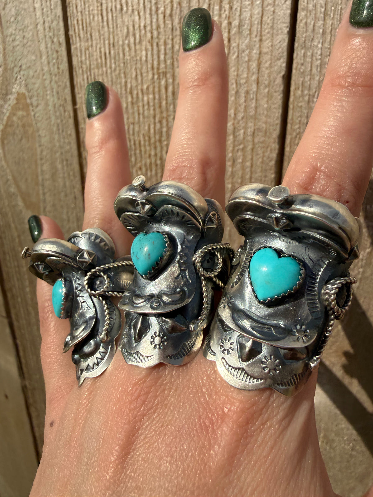 Navajo Turquoise Heart Saddle Sterling Silver Adjustable Ring by Tim Yazzie