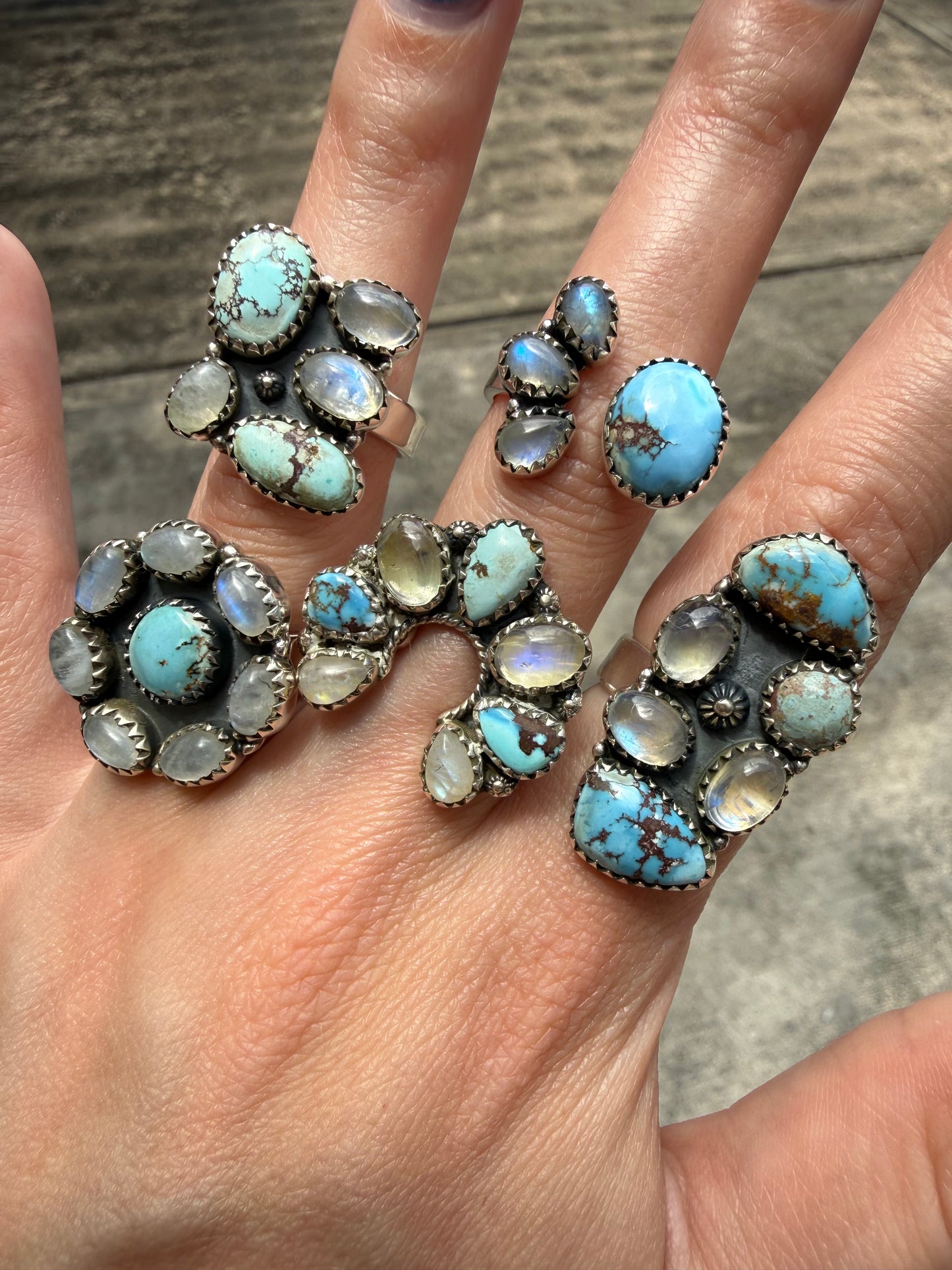 Rainbow Moonstone and Golden Hills Turquoise Adjustable Sterling Silver Ring