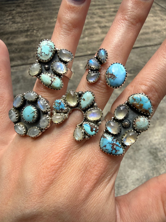 Rainbow Moonstone and Golden Hills Turquoise Adjustable Sterling Silver Ring
