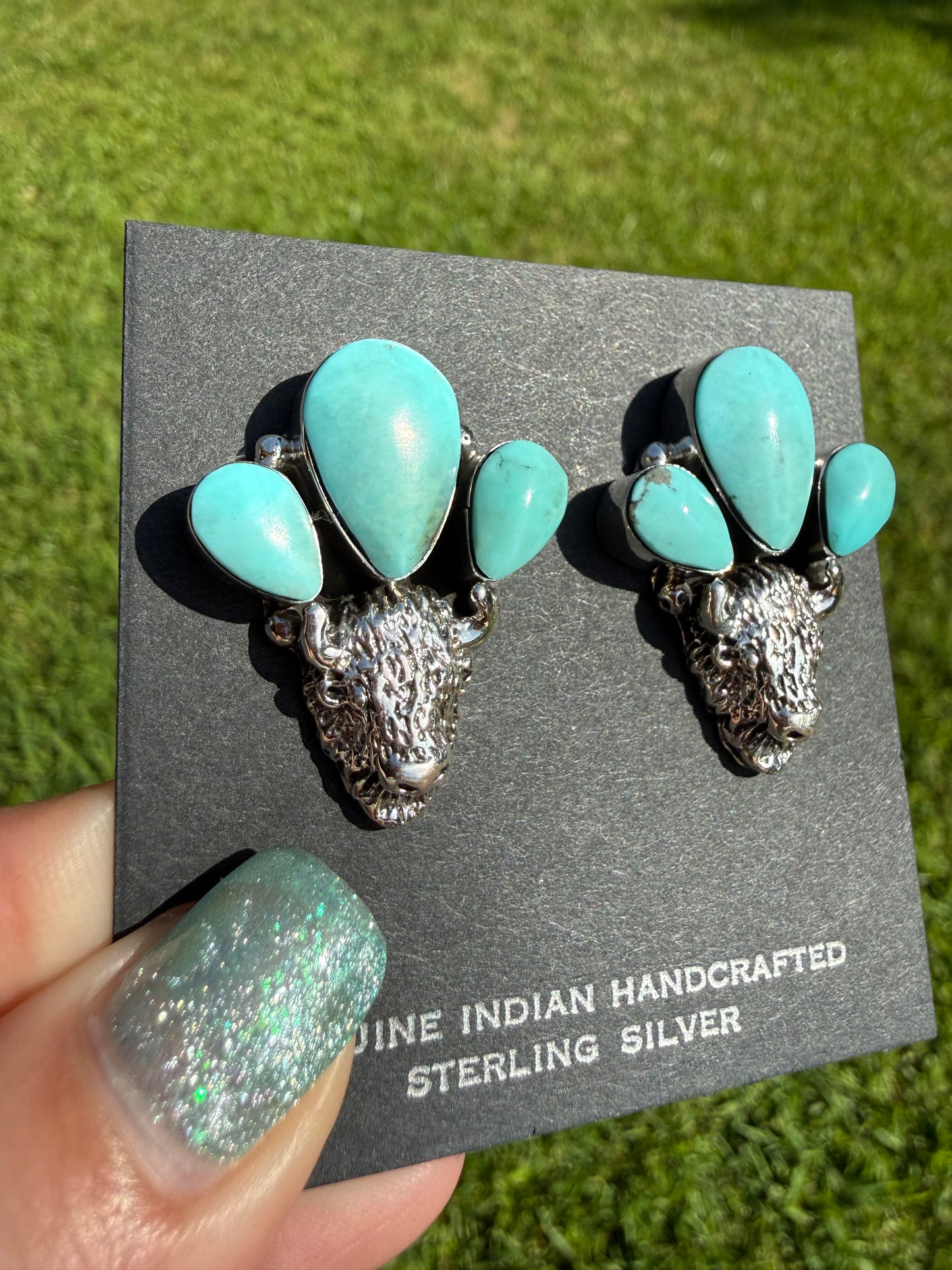 Navajo Buffalo Head Turquoise Cluster Sterling Silver Earrings