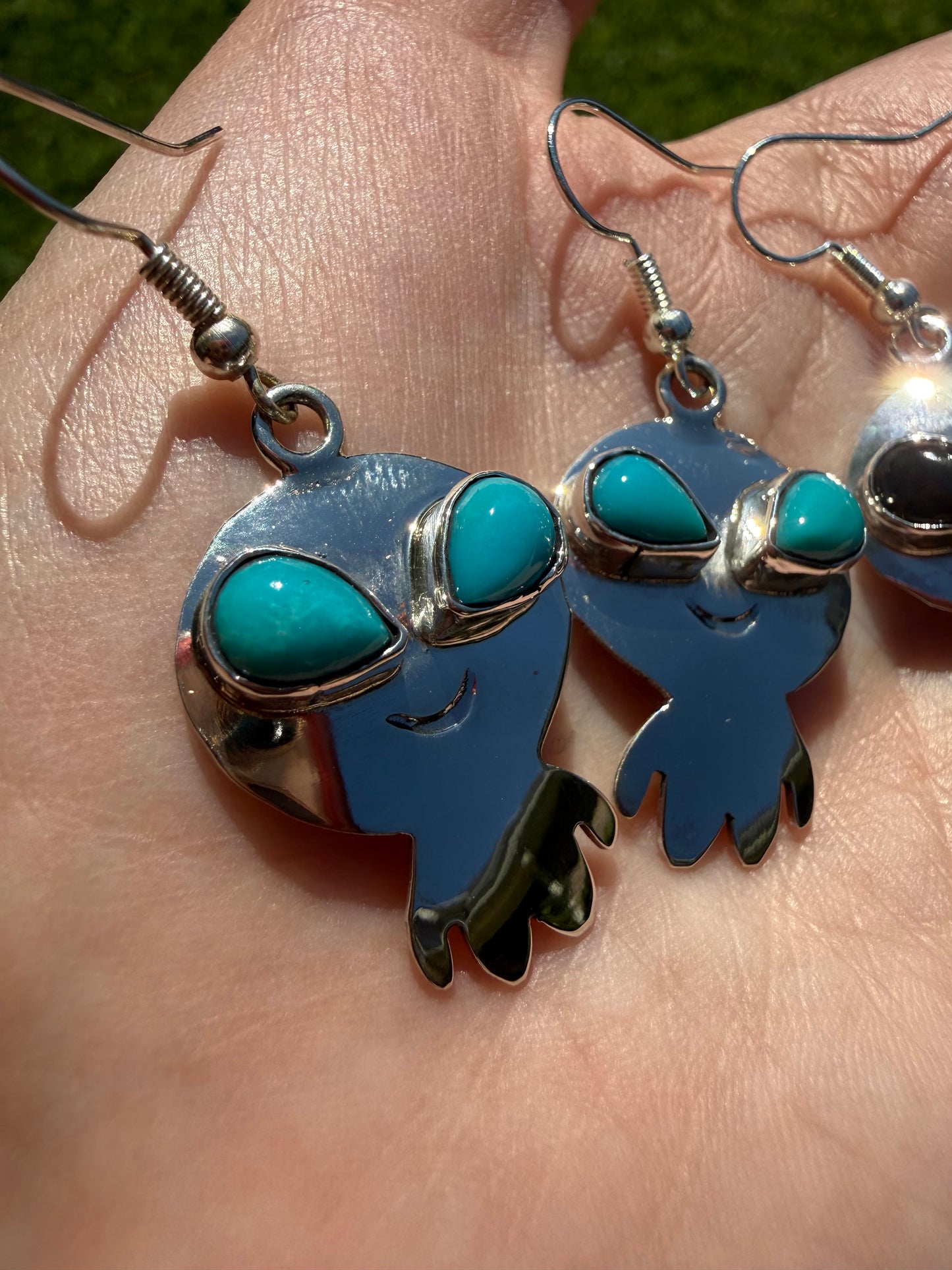 Navajo Turquoise Or Black Onyx Alien Sterling Silver Earrings